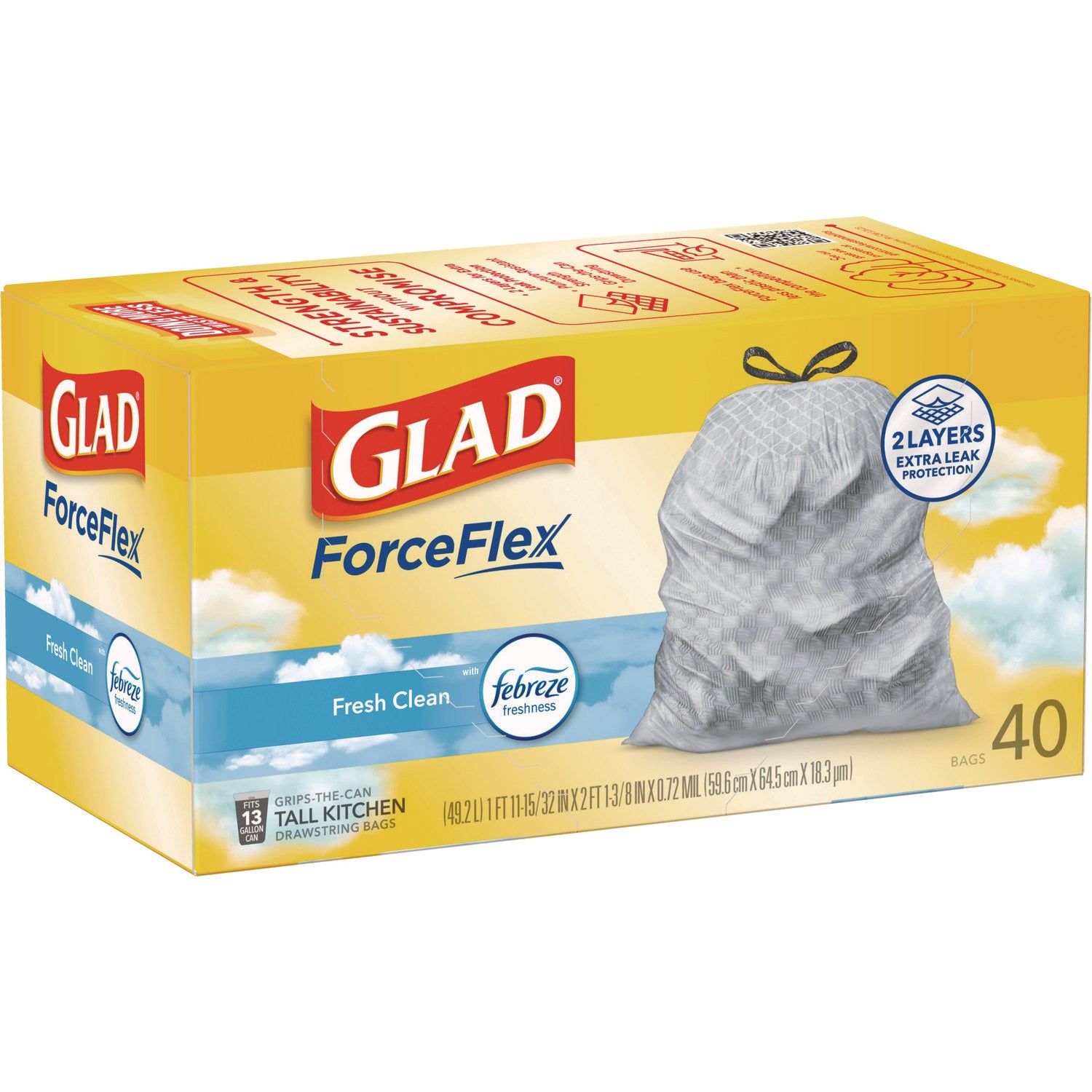 Glad® ForceFlex Kitchen Drawstring Trash Bags, 13 gal, Fresh Clean Scent, 24" x 27.38", White, 40 Bags/Box, 6 Boxes/Carton