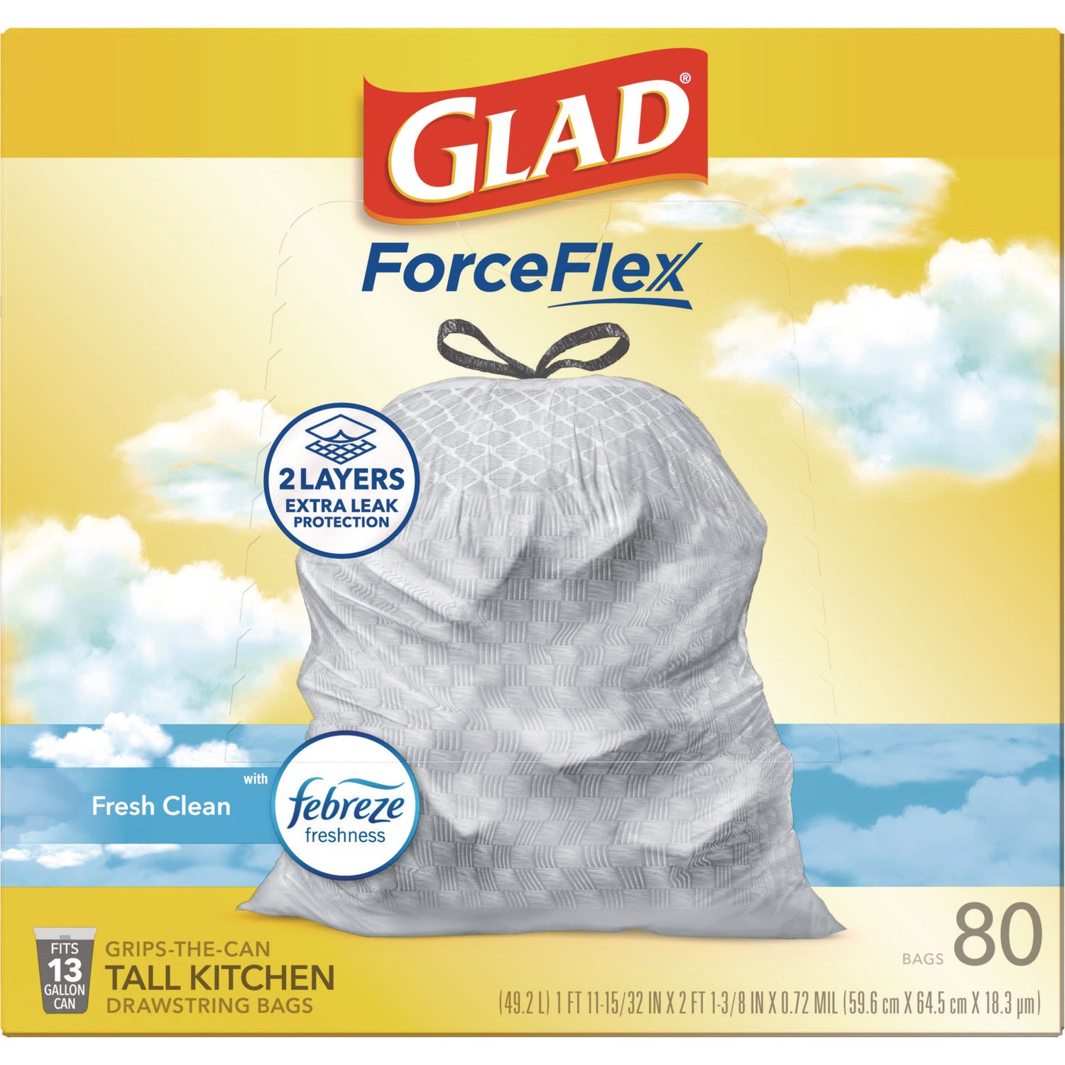 Glad® ForceFlex Kitchen Drawstring Trash Bags, 13 gal, Fresh Clean Scent, 24" x 27.38", White, 80 Bags/Box, 3 Boxes/Carton