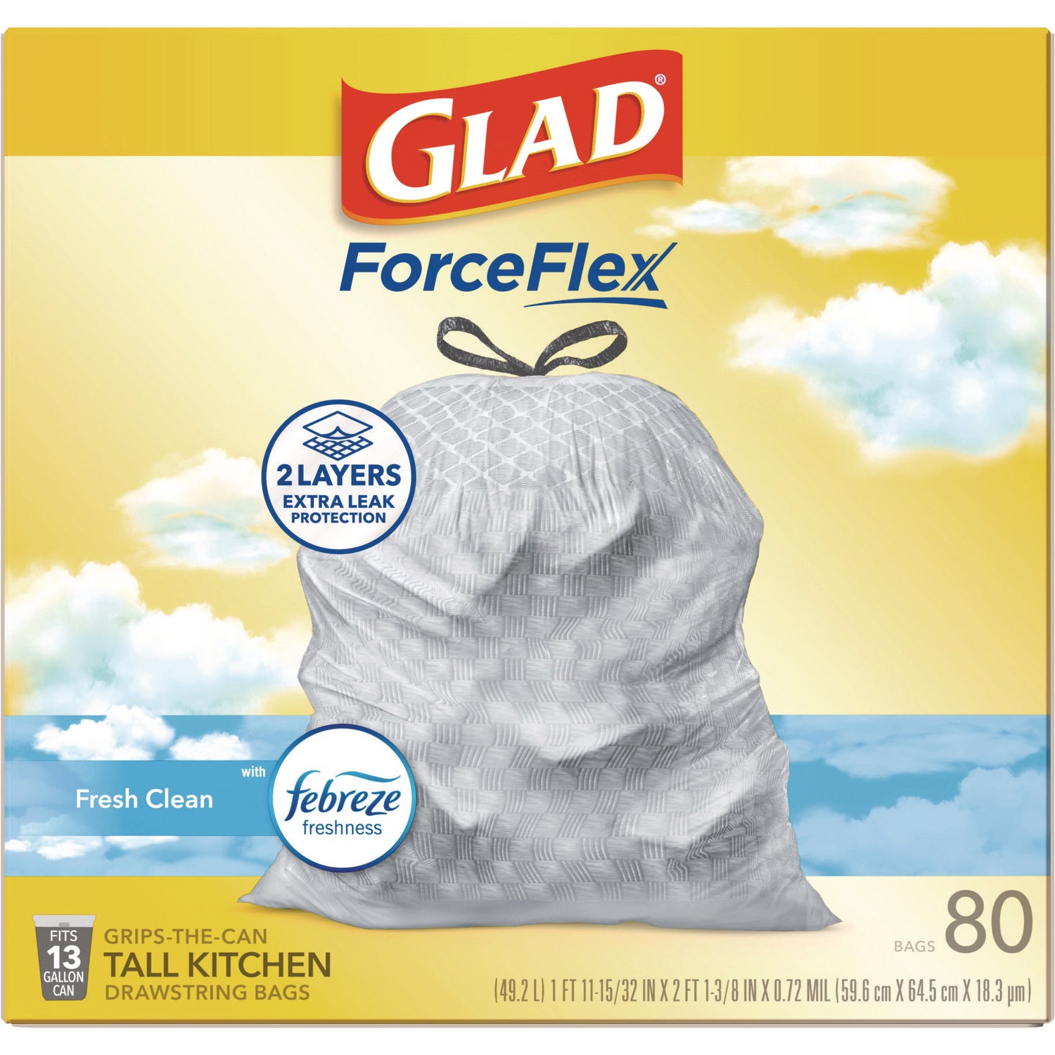 Glad® ForceFlex Kitchen Drawstring Trash Bags, 13 gal, Fresh Clean Scent, 24" x 27.38", White, 80 Bags/Box, 3 Boxes/Carton