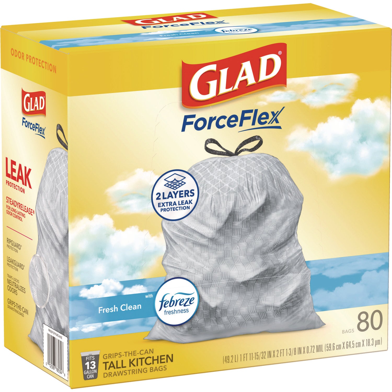 Glad® ForceFlex Kitchen Drawstring Trash Bags, 13 gal, Fresh Clean Scent, 24" x 27.38", White, 80 Bags/Box, 3 Boxes/Carton