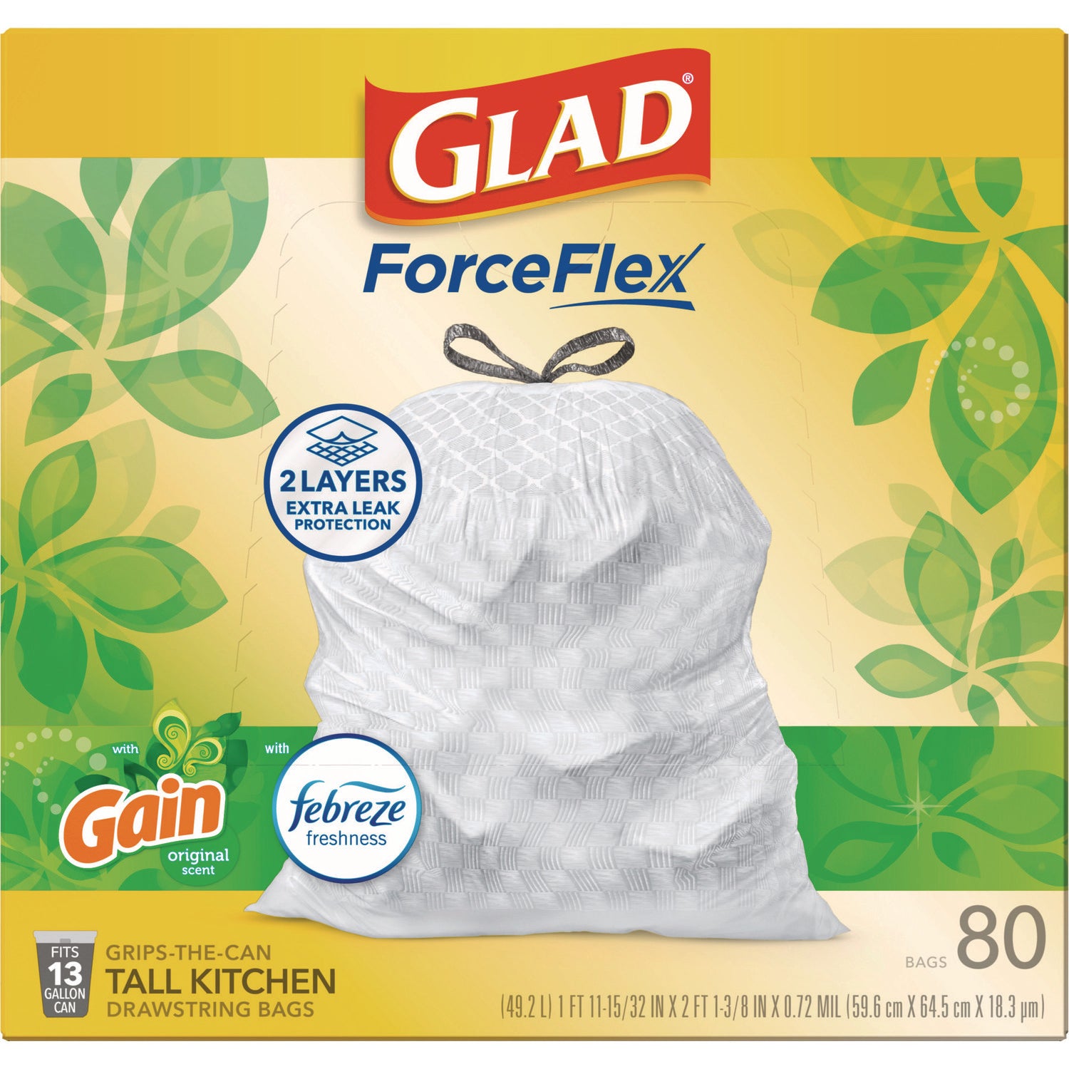 Glad® ForceFlex Kitchen Drawstring Trash Bags, 13 gal, Gain Original Scent, 24" x 27.38", White, 80 Bags/Box, 3 Boxes/Carton