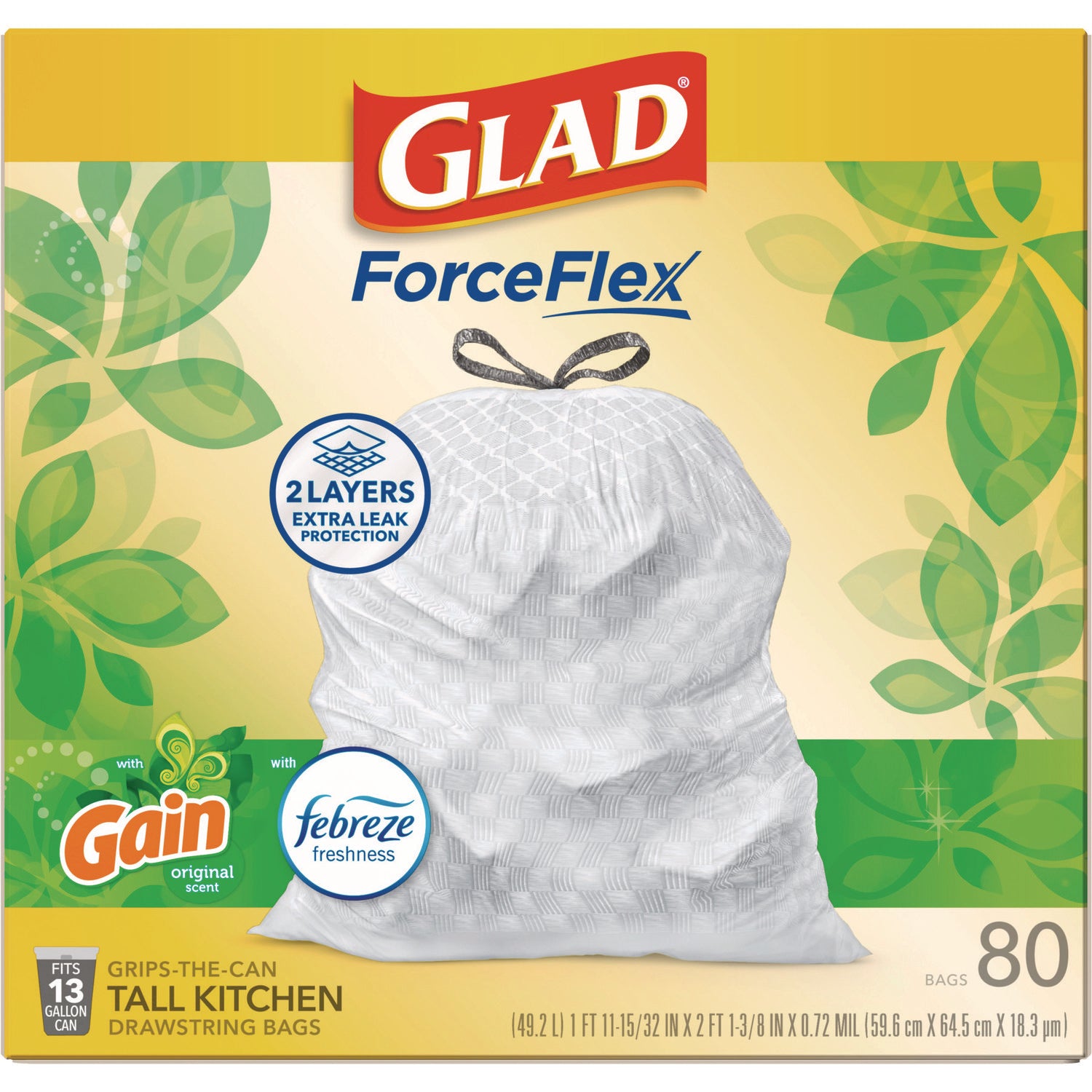 Glad® ForceFlex Kitchen Drawstring Trash Bags, 13 gal, Gain Original Scent, 24" x 27.38", White, 80 Bags/Box, 3 Boxes/Carton