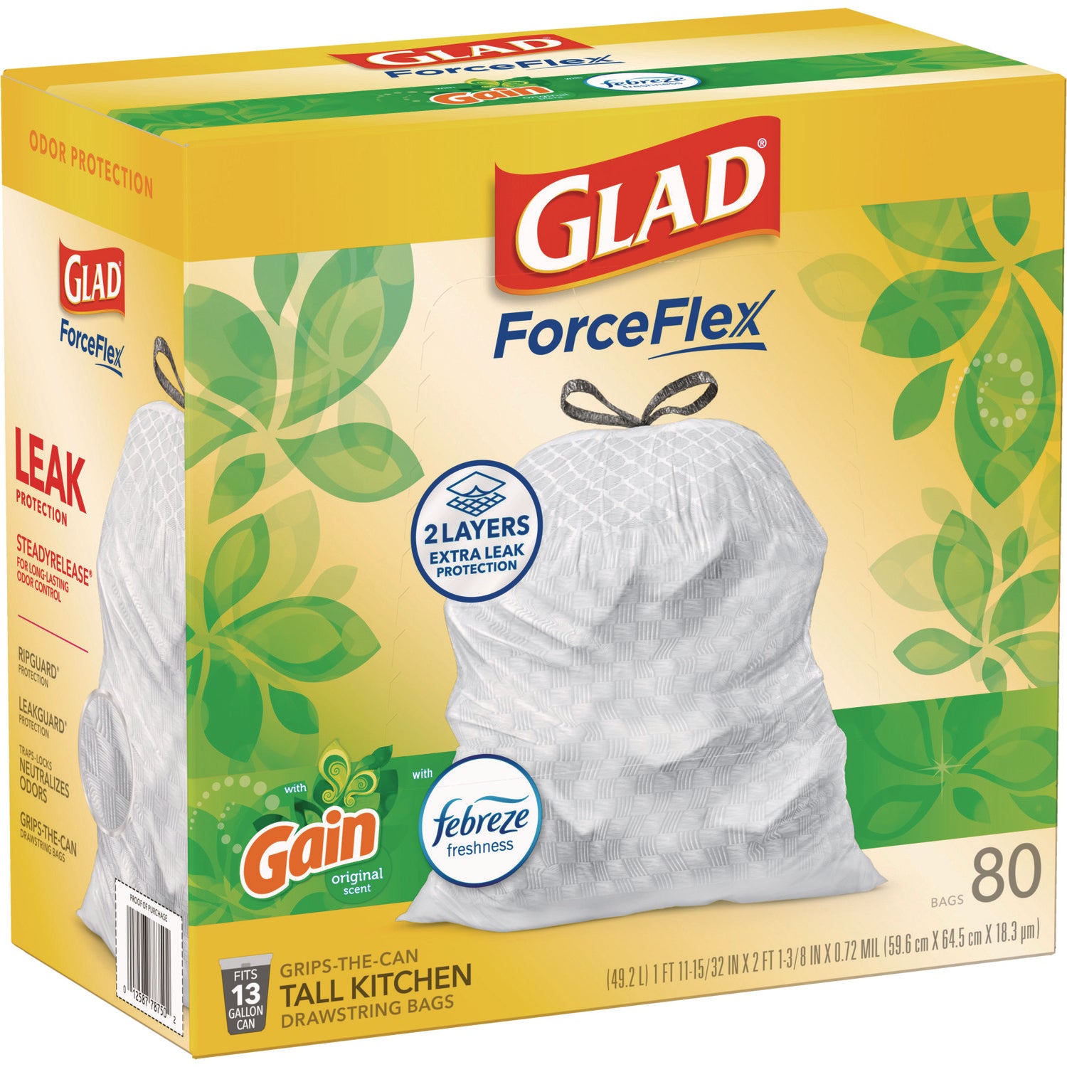 Glad® ForceFlex Kitchen Drawstring Trash Bags, 13 gal, Gain Original Scent, 24" x 27.38", White, 80 Bags/Box, 3 Boxes/Carton