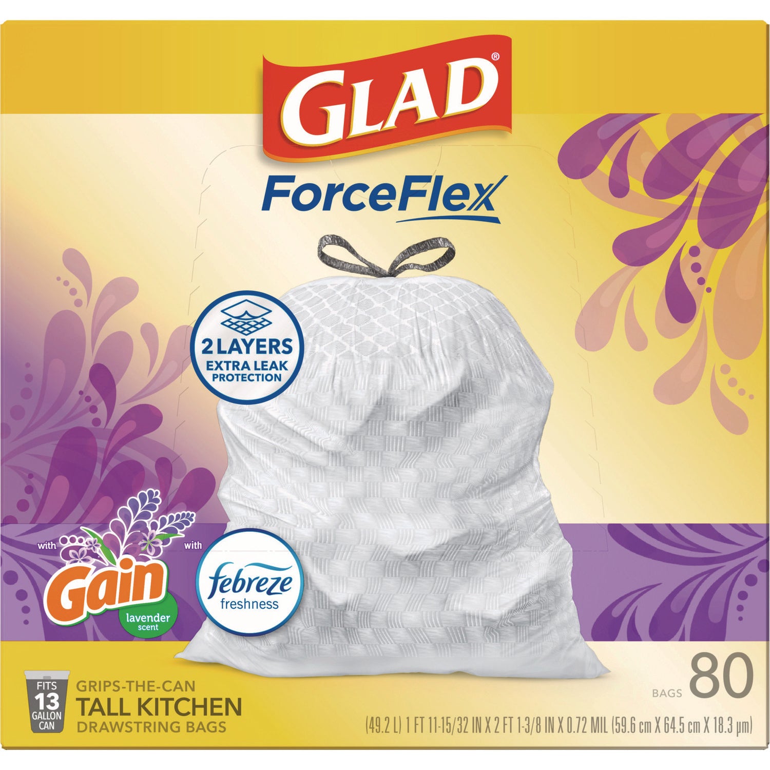 Glad® ForceFlex Kitchen Drawstring Trash Bags, 13 gal, Gain Lavender Scent, 24 x 27.38, White, 80 Bags/Box, 3 Boxes/Carton
