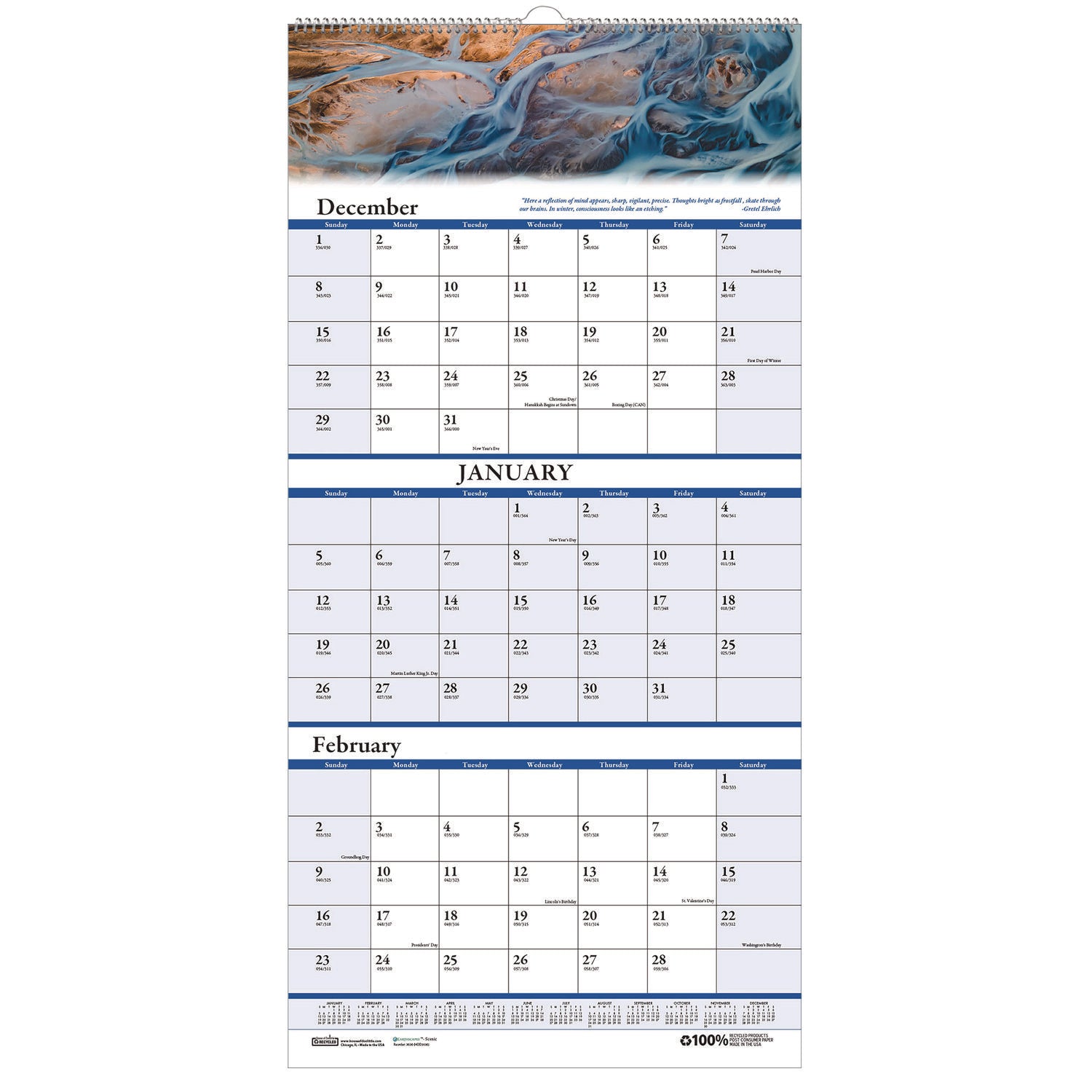House of Doolittle™ Earthscapes Recycled 3-Month Vertical Wall Calendar, Scenic Photography, 8 x 17, White Sheets, 14-Month: Dec 2024 to Jan 2026