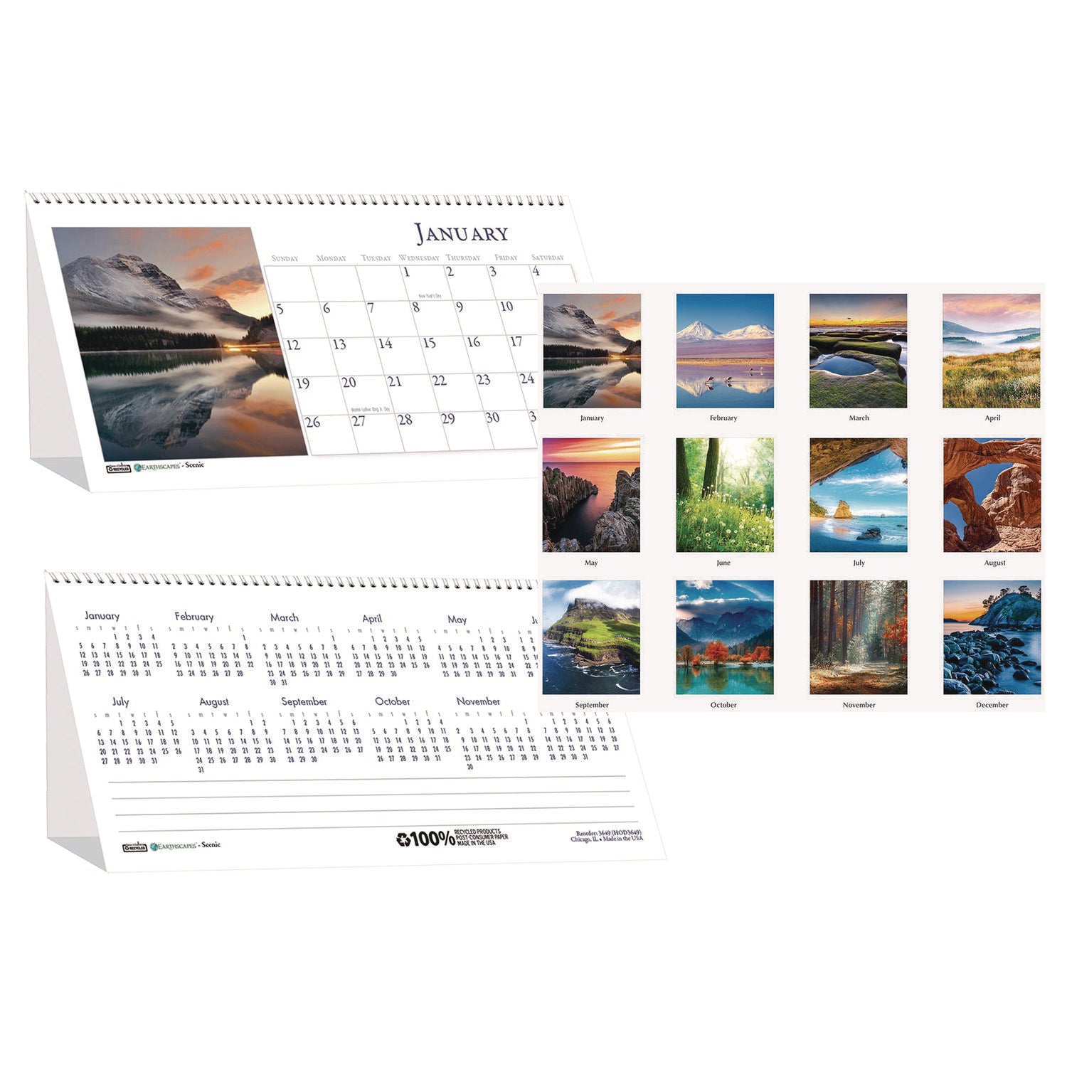 Earthscapes Recycled Desk Tent Monthly Calendar, Scenic Photography, 8.5 x 4.5, White Sheets, 12-Month (Jan to Dec): 2025