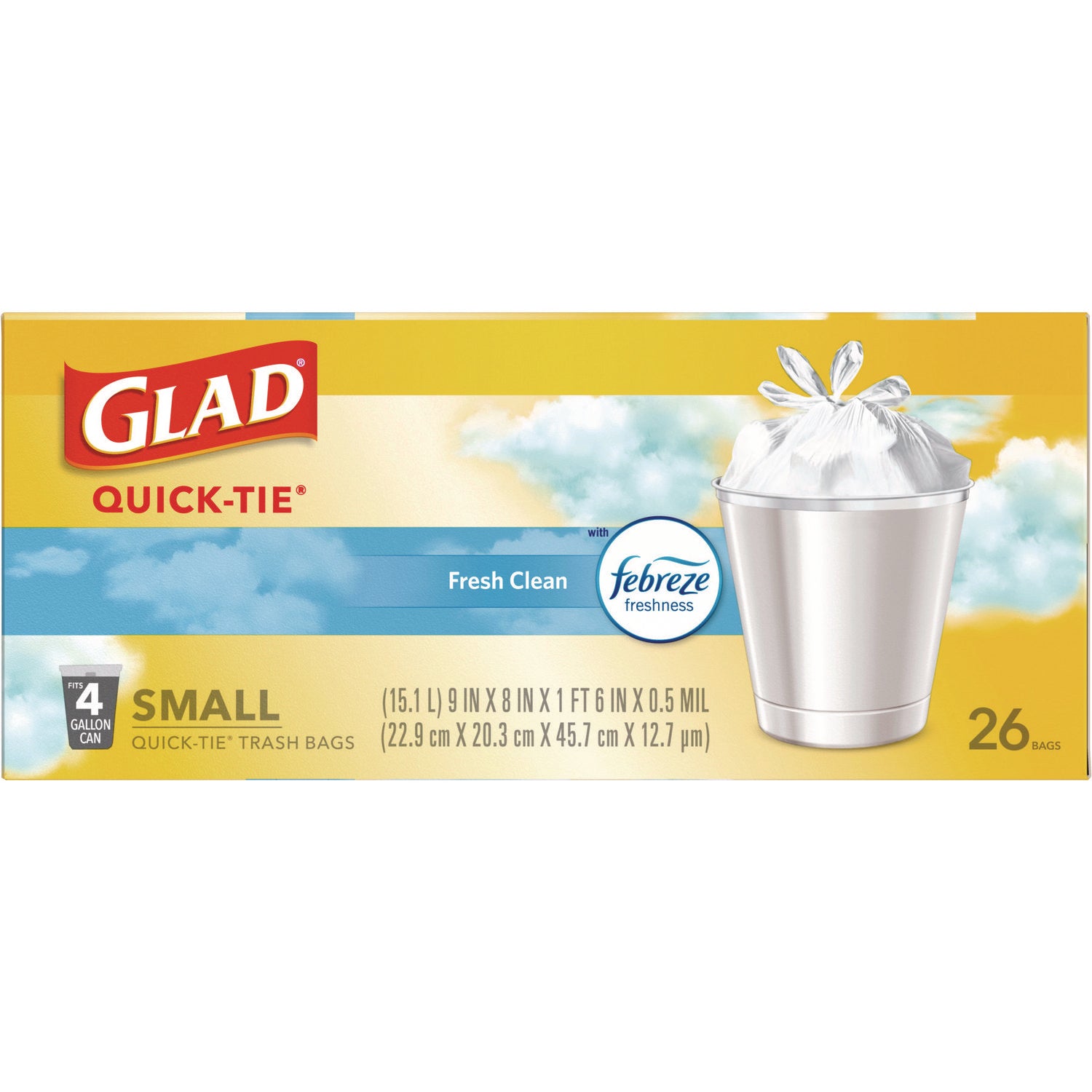 Glad® OdorShield Quick-Tie Small Trash Bags, Tie-Flap, 4 gal, Febreze Fresh Clean Scent, 8 x 18, White, 26 Bags/Box, 6 Boxes/Carton