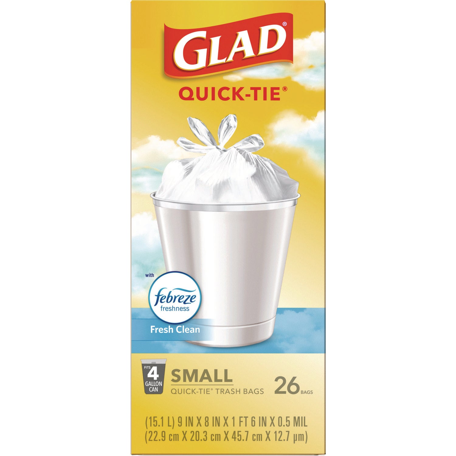 Glad® OdorShield Quick-Tie Small Trash Bags, Tie-Flap, 4 gal, Febreze Fresh Clean Scent, 8 x 18, White, 26 Bags/Box, 6 Boxes/Carton