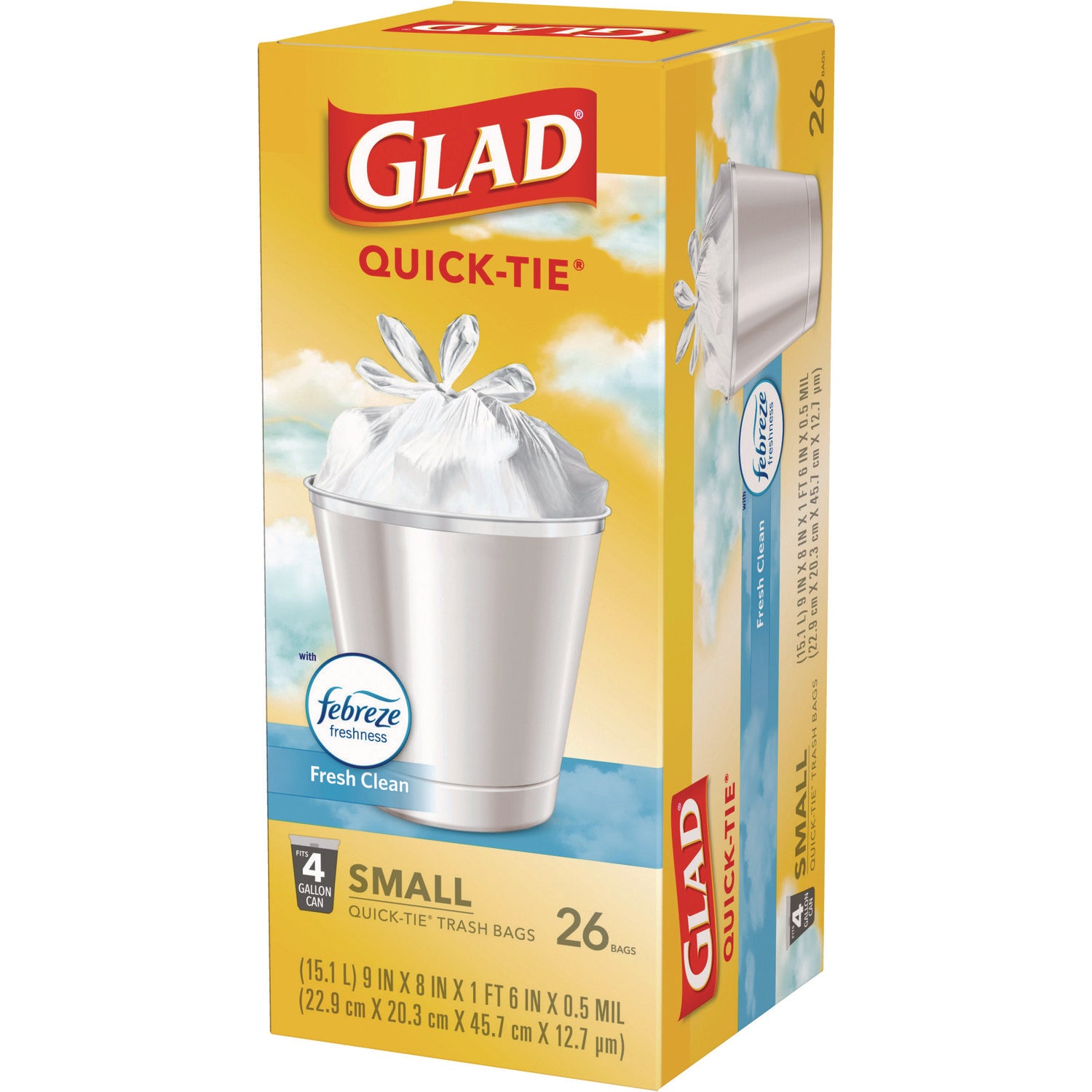 Glad® OdorShield Quick-Tie Small Trash Bags, Tie-Flap, 4 gal, Febreze Fresh Clean Scent, 8 x 18, White, 26 Bags/Box, 6 Boxes/Carton