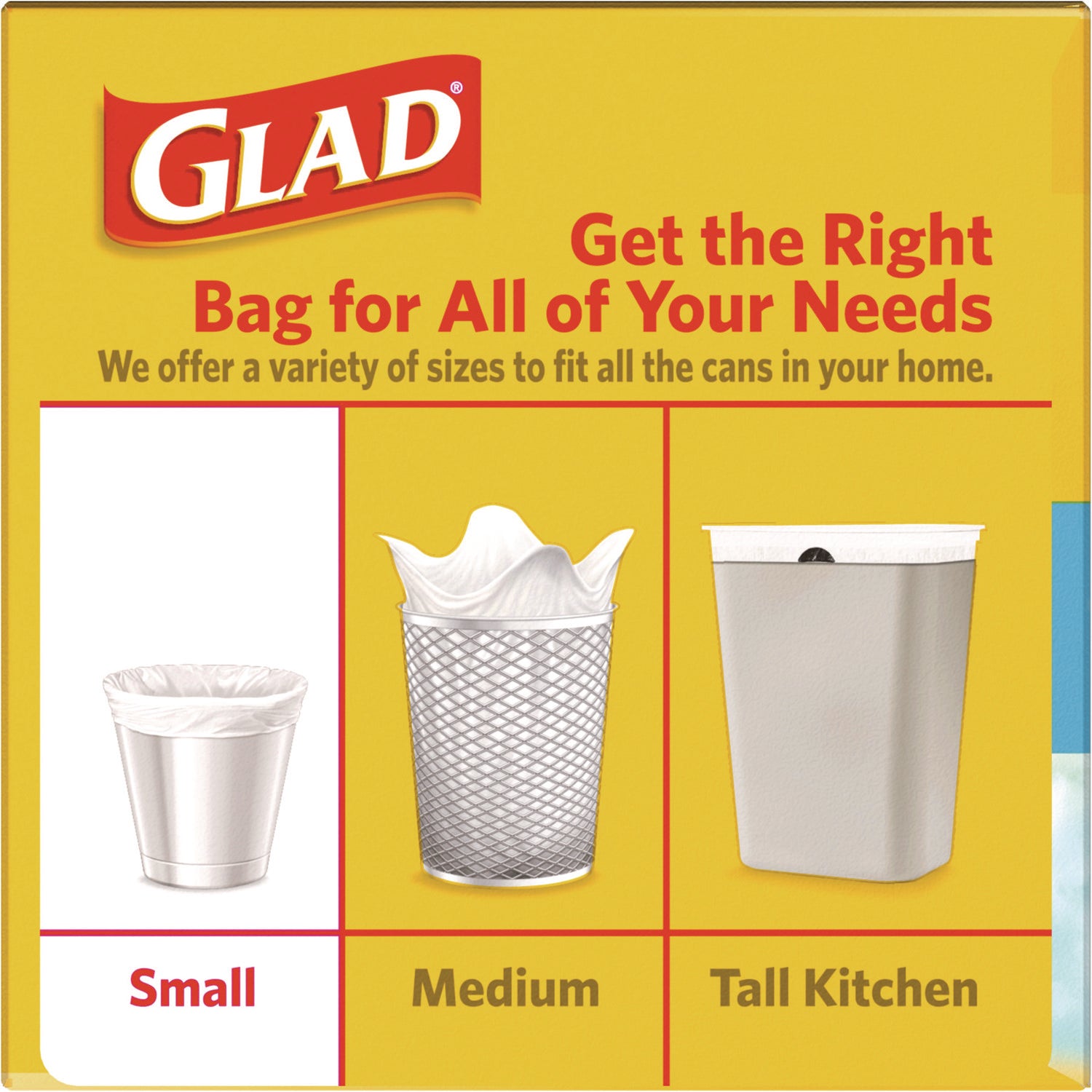 Glad® OdorShield Quick-Tie Small Trash Bags, Tie-Flap, 4 gal, Febreze Fresh Clean Scent, 8 x 18, White, 26 Bags/Box, 6 Boxes/Carton