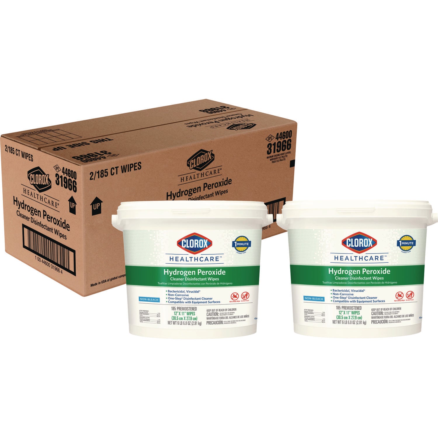 Hydrogen Peroxide Cleaner Disinfectant Wipes, 11 x 12, Unscented, White, 185/Canister, 2 Canisters/Carton