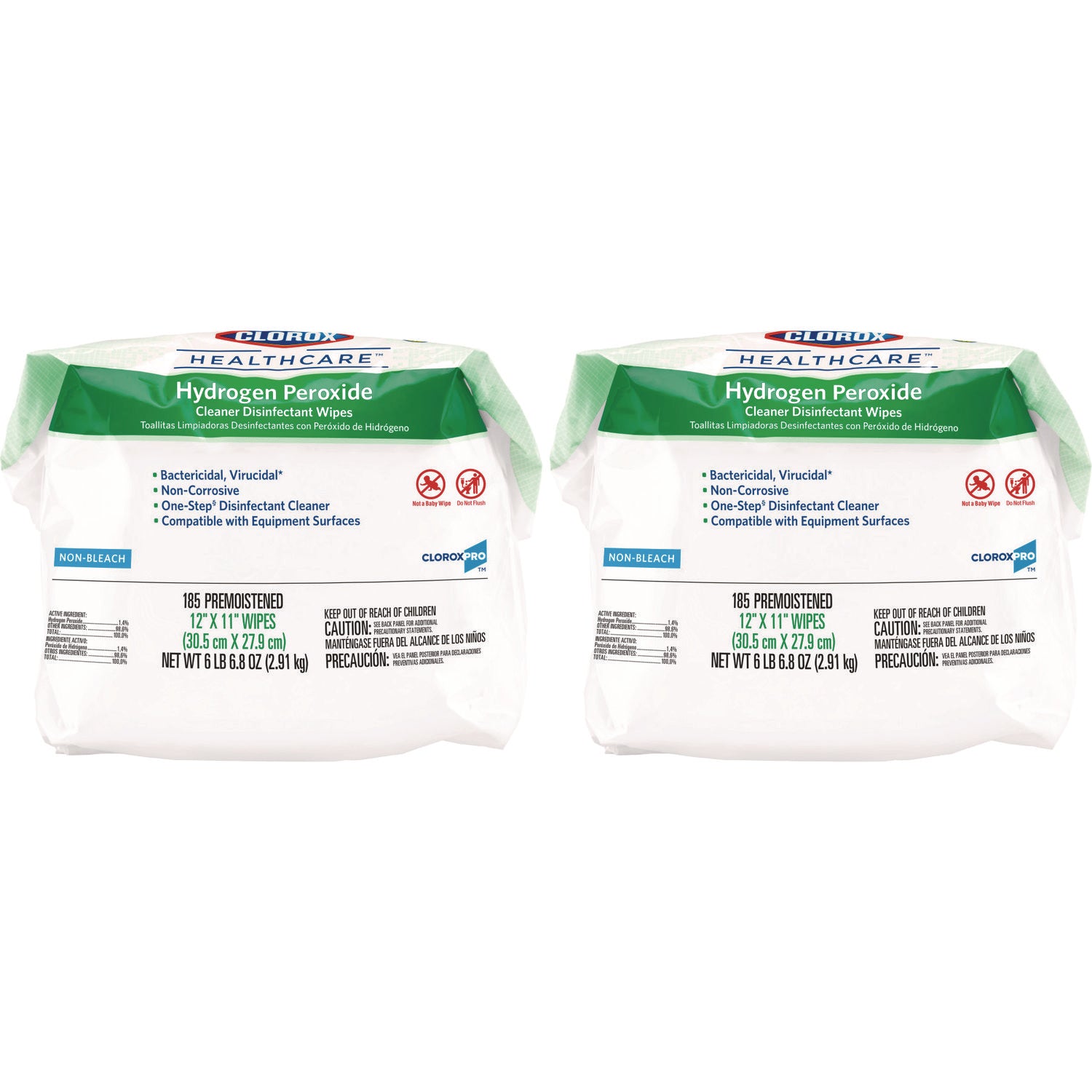 Clorox Healthcare® Hydrogen Peroxide Cleaner Disinfectant Wipes, 12 x 11, Unscented, White, 185/Pack, 2 Packs/Carton