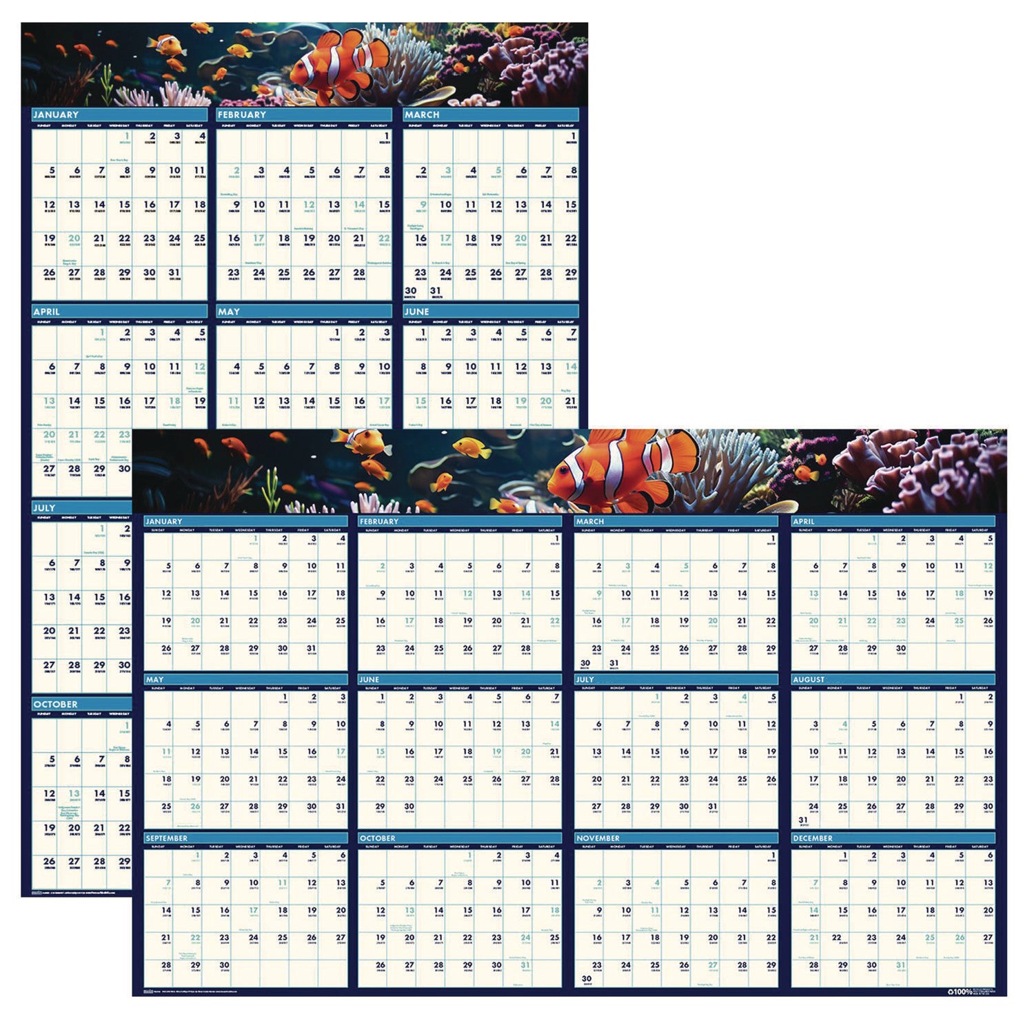 Earthscapes Recycled Reversible/Erasable Yearly Wall Calendar, Sea Life Photos, 24 x 37, White Sheets, 12-Month(Jan-Dec):2025
