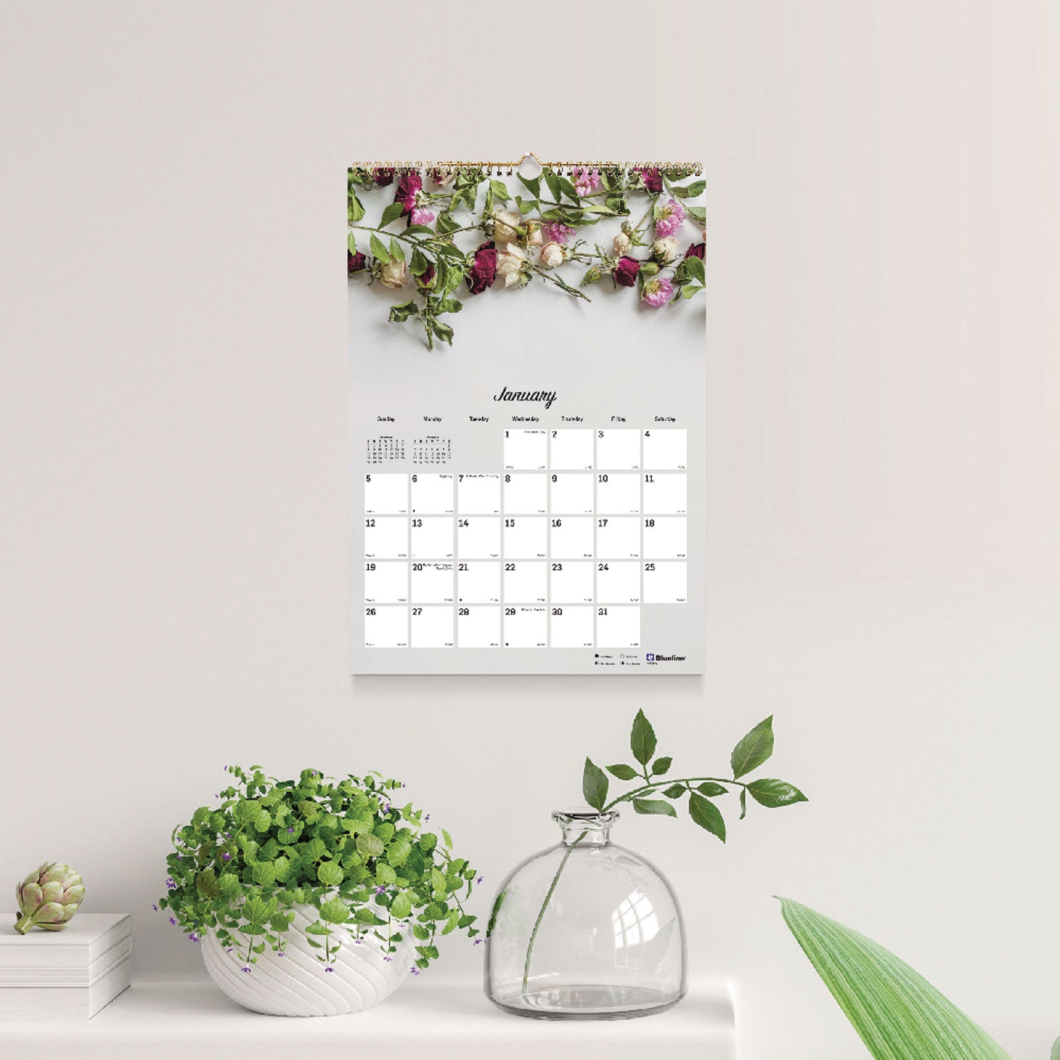 Blueline® Romantic Wall Calendar, Floral Photography, 12 x 17, White/Multicolor Sheets, 12-Month (Jan to Dec): 2025