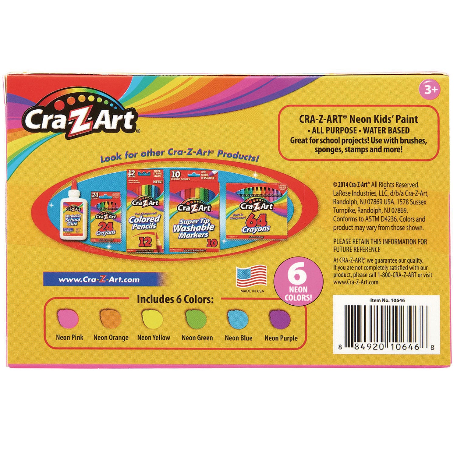 Cra-Z-Art® Neon Washable Kids' Paint, 6 Assorted Neon Colors, 2 Oz Bottle, 6/pack