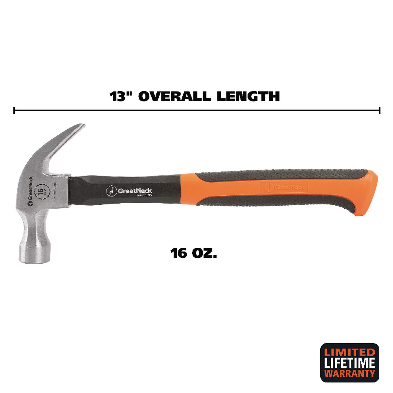Great Neck® 16 oz Claw Hammer with High-Visibility Orange Fiberglass Handle