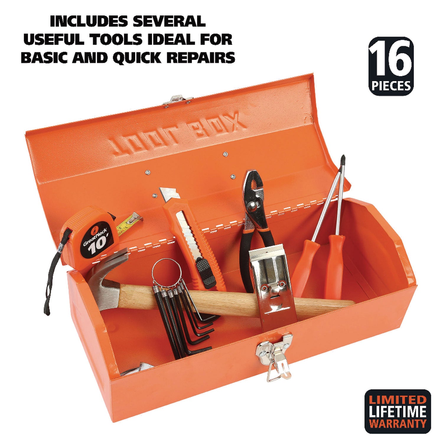 Great Neck® 16-Piece Light-Duty Office Tool Kit, Metal Box, Red