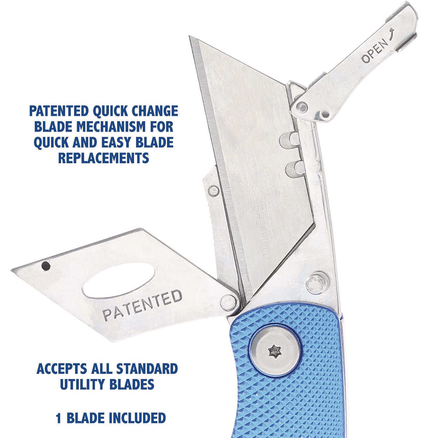 Great Neck® Sheffield Folding Lockback Knife, 1 Utility Blade, 2" Blade, 3.5" Aluminum Handle, Blue