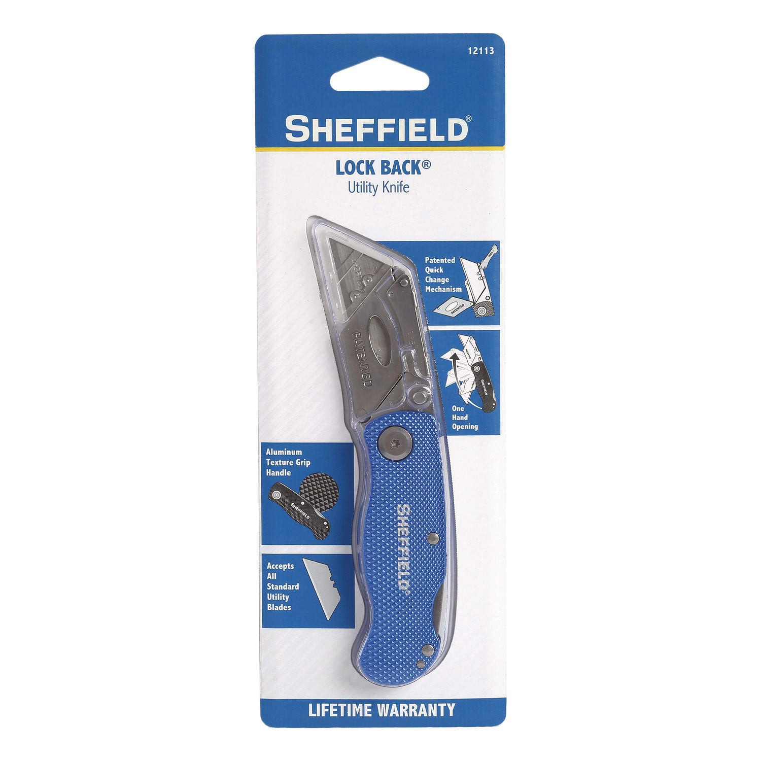 Great Neck® Sheffield Folding Lockback Knife, 1 Utility Blade, 2" Blade, 3.5" Aluminum Handle, Blue