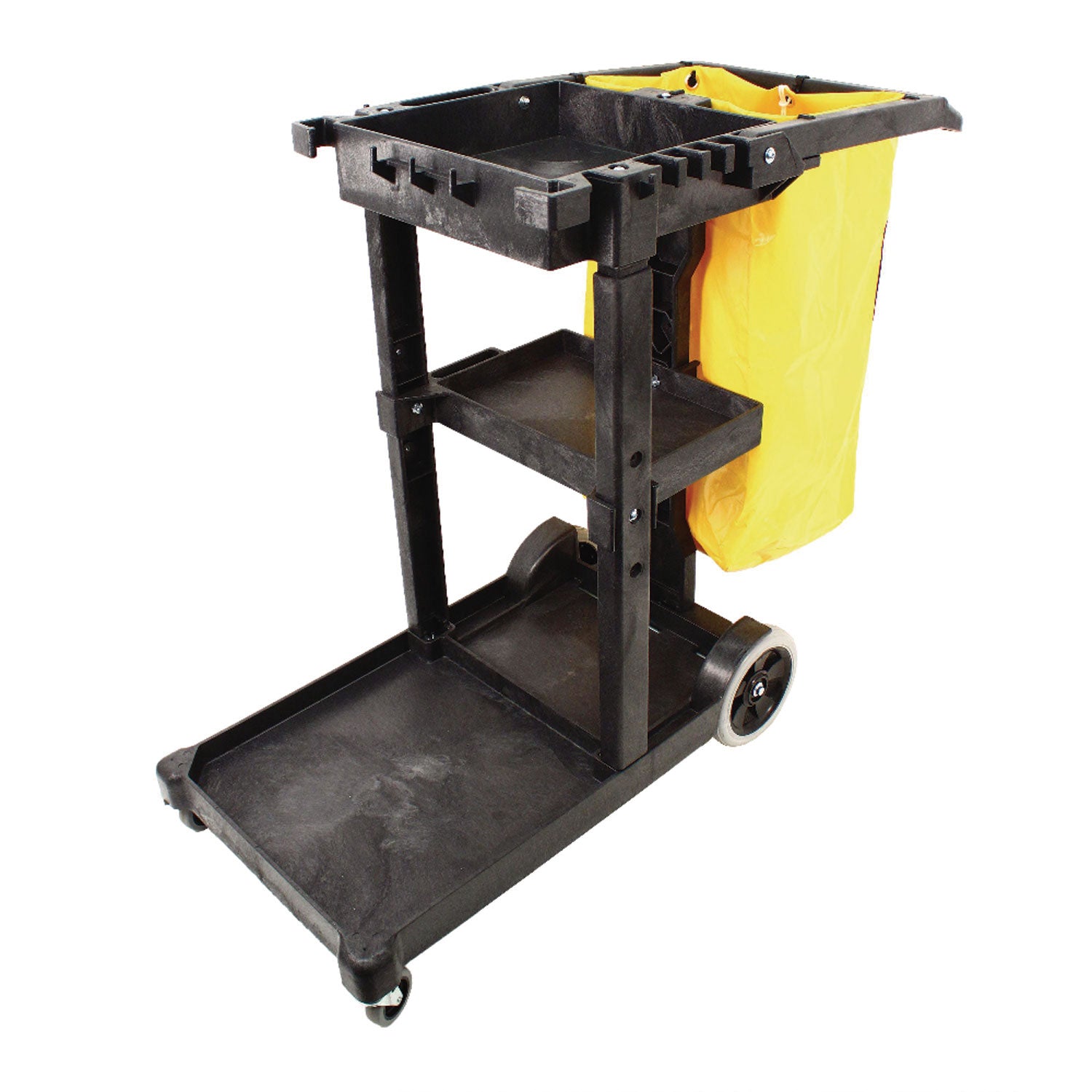 Impact® Janitorial Cart, Plastic, 3 Shelves, 1 Bin, 20.5" x 48" x 38", Yellow