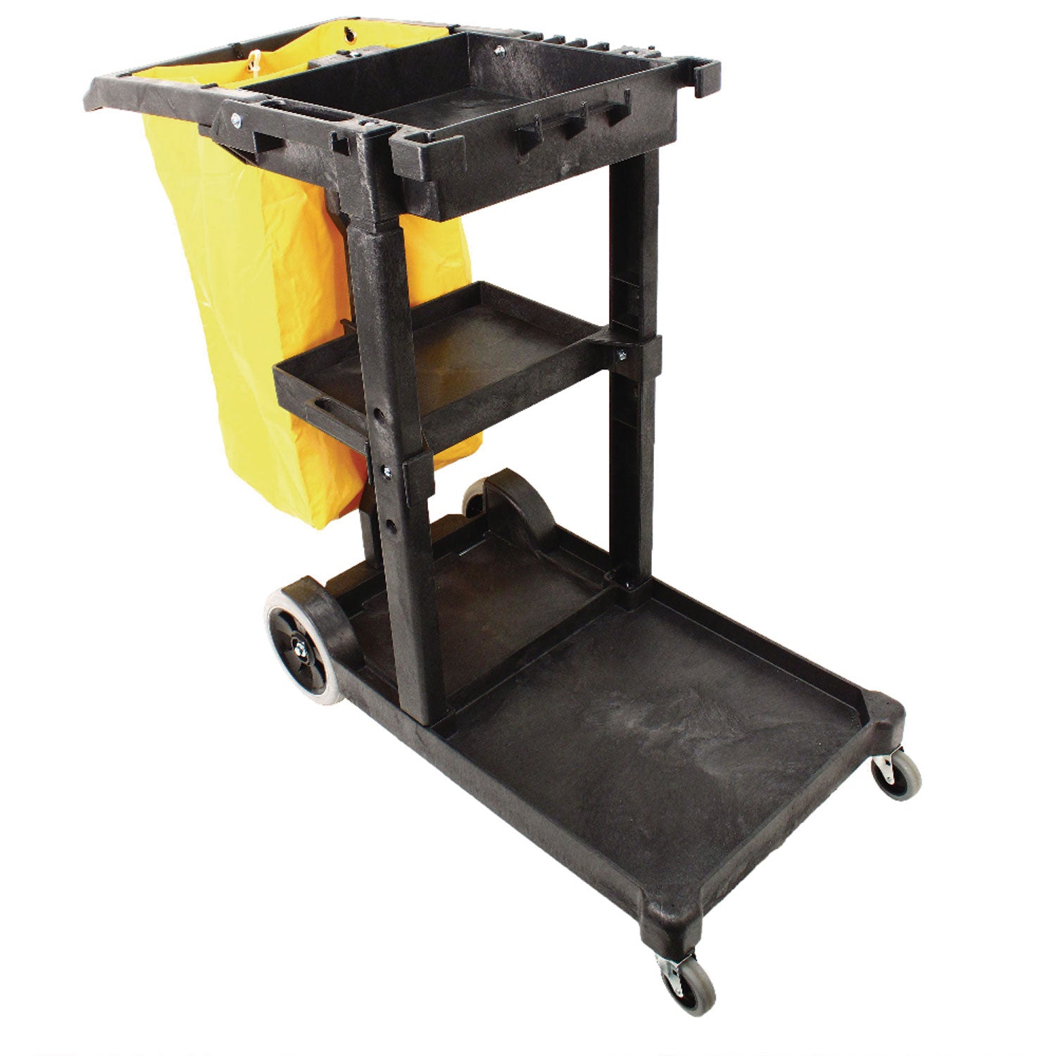 Impact® Janitorial Cart, Plastic, 3 Shelves, 1 Bin, 20.5" x 48" x 38", Yellow