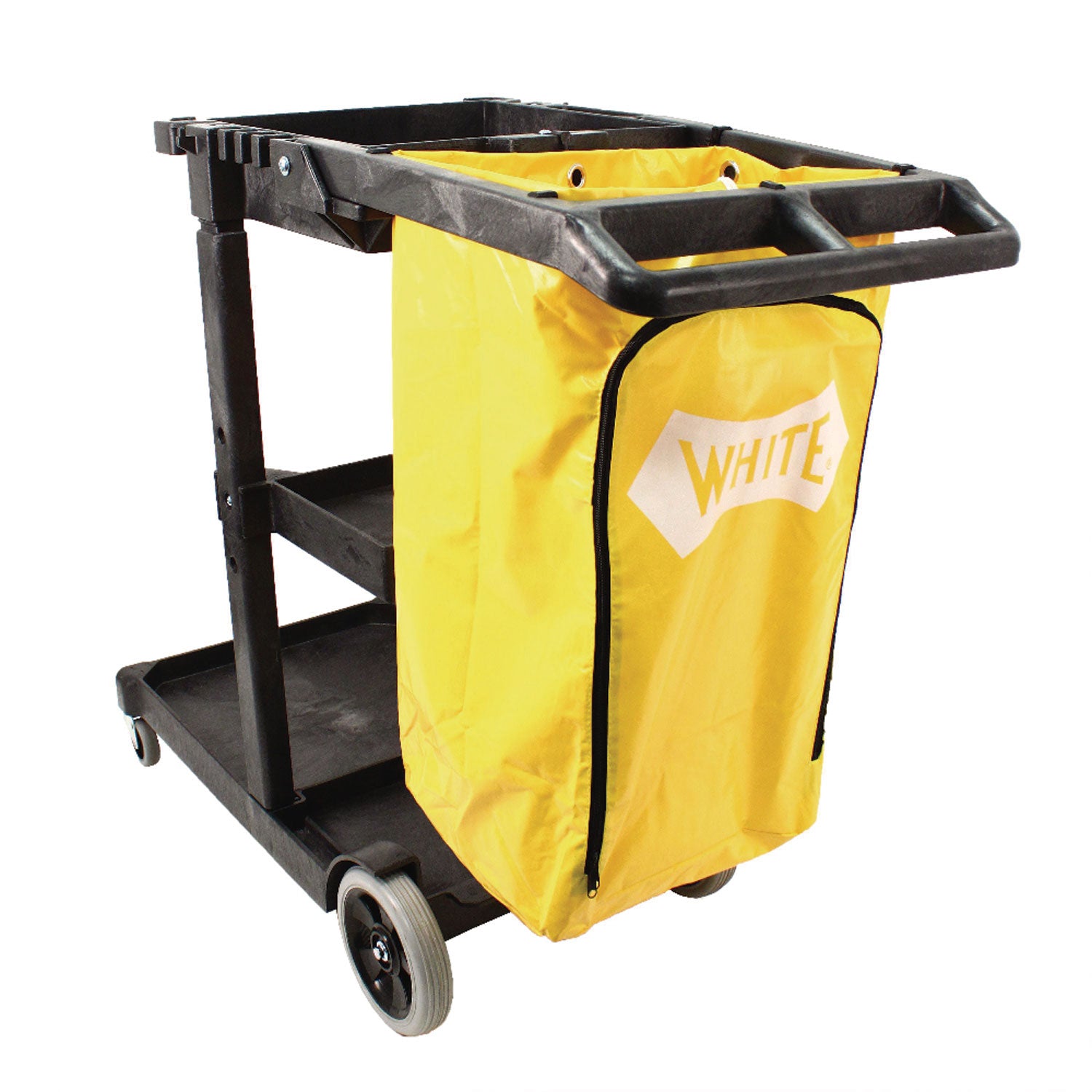 Impact® Janitorial Cart, Plastic, 3 Shelves, 1 Bin, 20.5" x 48" x 38", Yellow