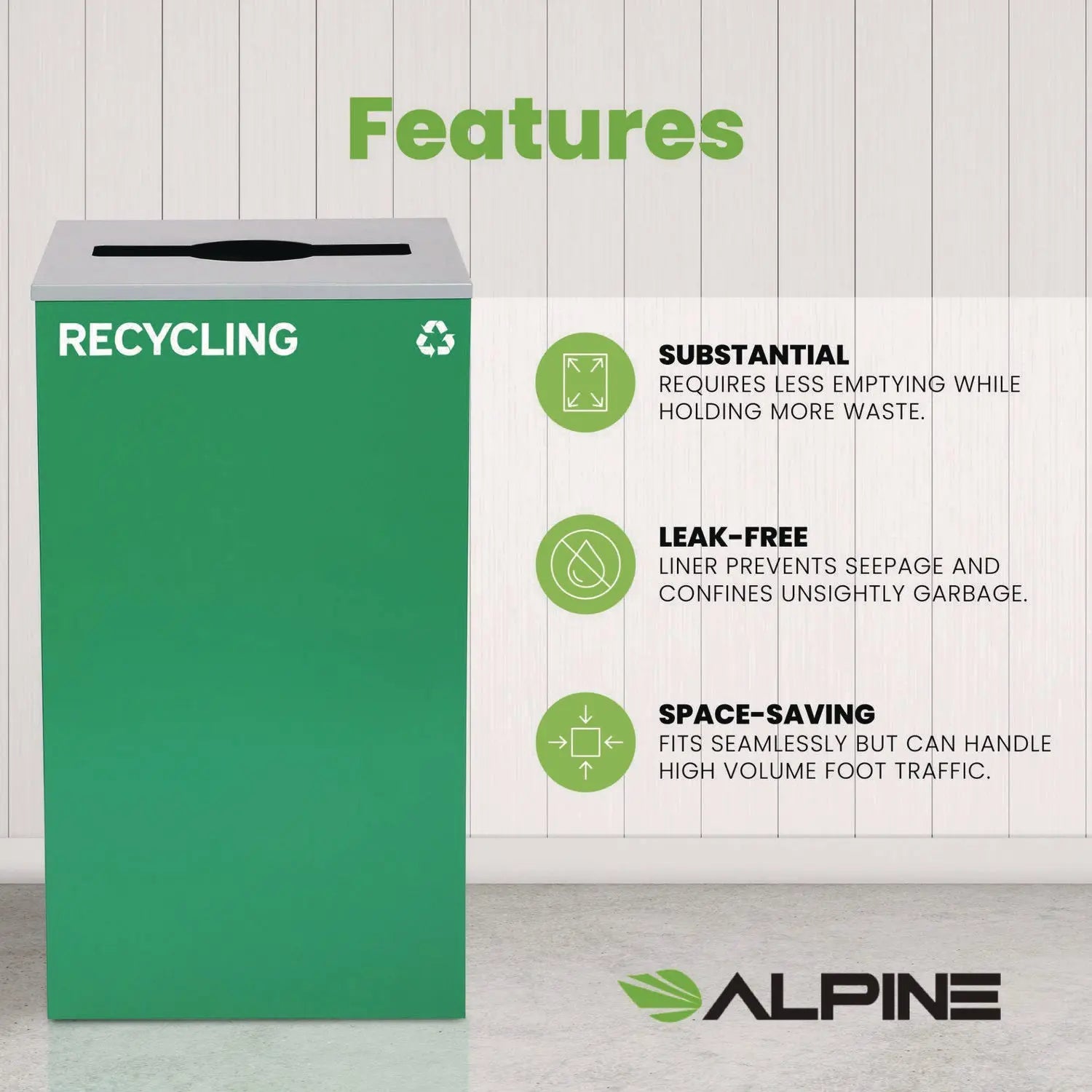 29 Gallon Trash/Recycling Cans, Steel, Green Recycling Can with Mixed Lid Alpine Industries Flipcost