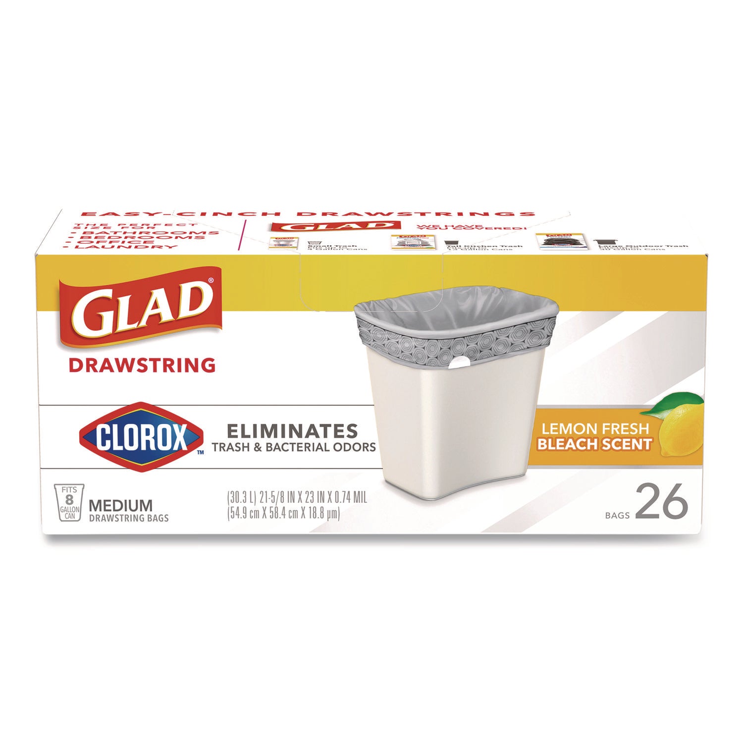 Glad® Medium Drawstring Trash Bags with Clorox, 8 gal, Lemon Fresh Bleach Scent, 0.74 mil, 23" x 21.63", Gray, 26/Box