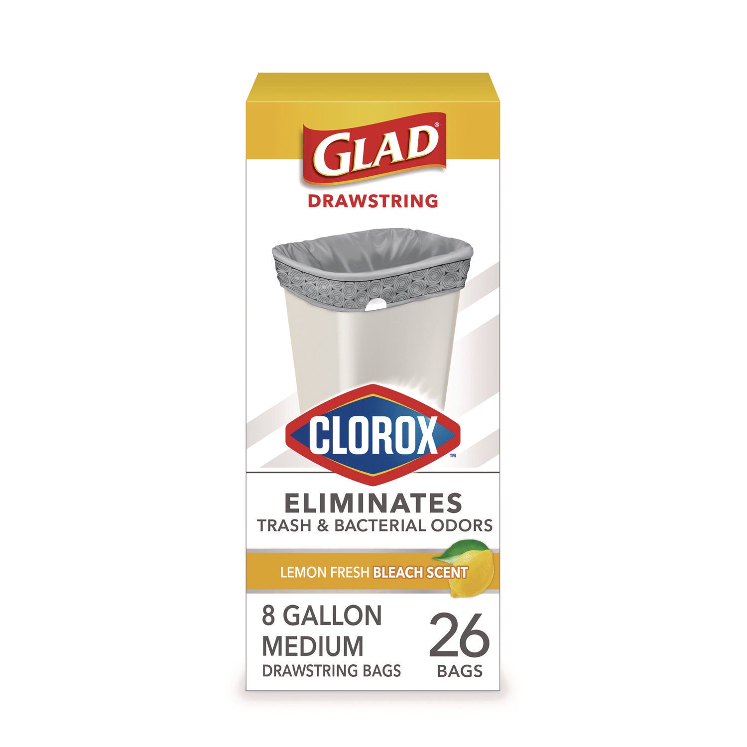 Glad® Medium Drawstring Trash Bags with Clorox, 8 gal, Lemon Fresh Bleach Scent, 0.74 mil, 23" x 21.63", Gray, 26/Box