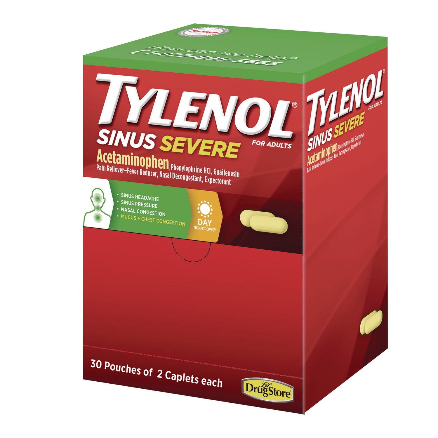 Tylenol® Sinus Severe Acetaminophen Daytime Pain Reliever Caplet, 2 Caplets/Packet, 30 Packets/Box