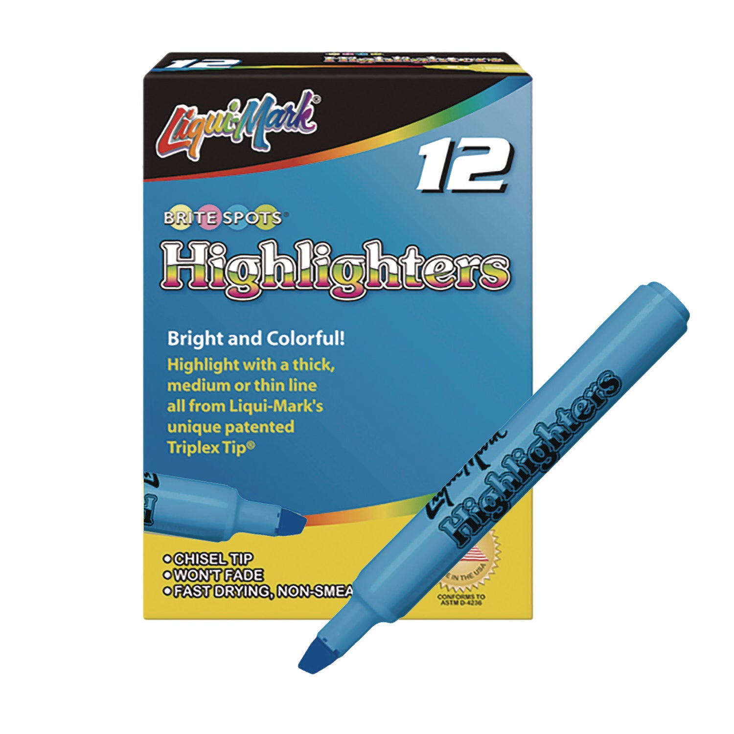 Liqui-Mark® Tank Fluorescent Highlighter, Blue Ink, Chisel Tip, Blue Barrel, Dozen