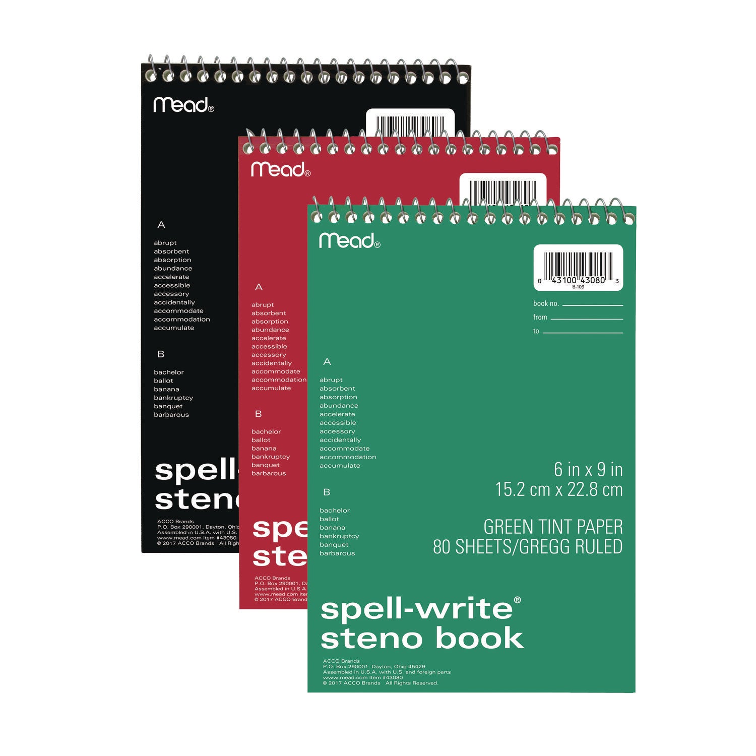 Mead® Spell-Write Wirebound Steno Pad, Gregg Rule, Randomly Assorted Cover Colors, 80 Green 6 x 9 Sheets