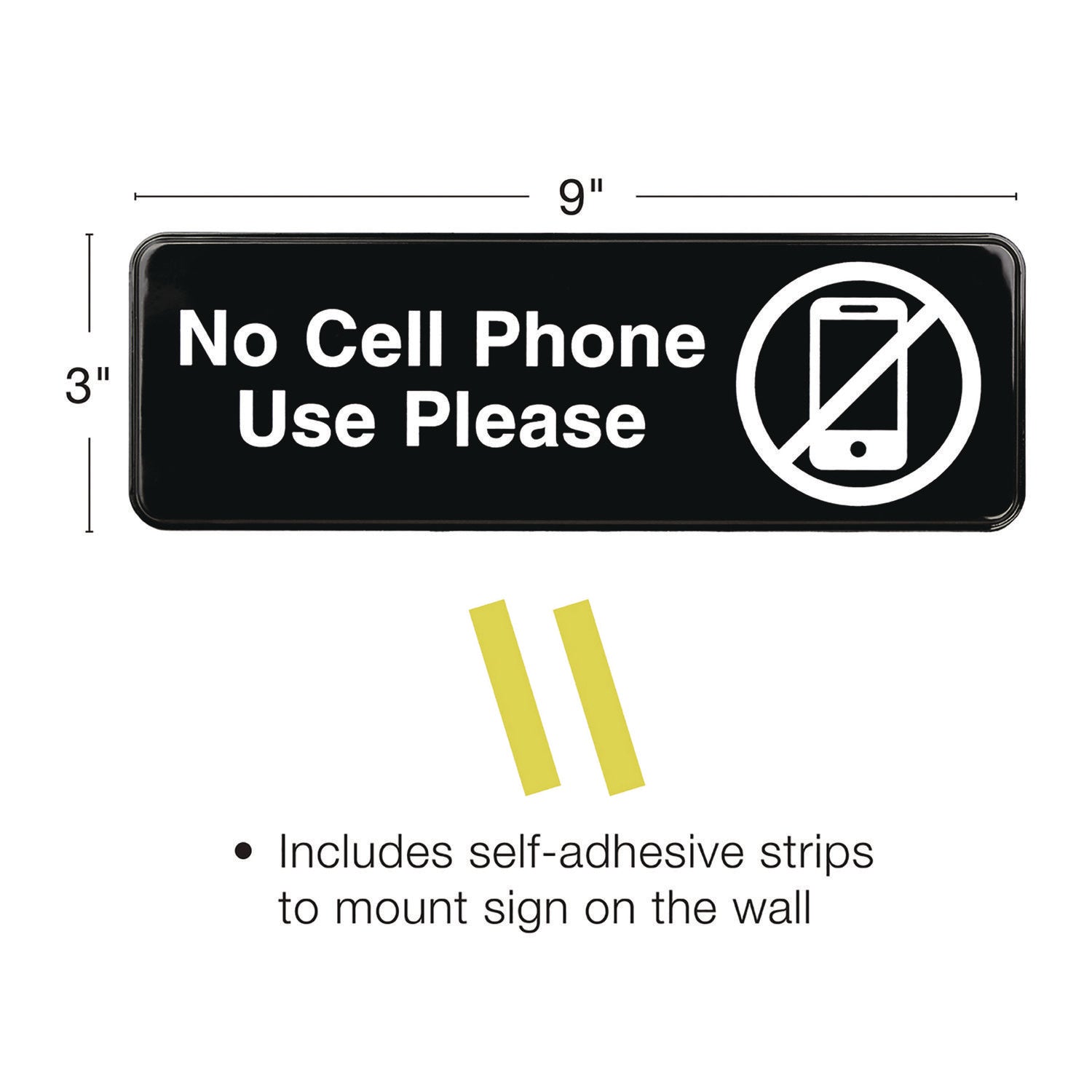 Excello Global Products® No Cell Phone Use Please Indoor/Outdoor Wall Sign, 9 x 3, Black Face, White Graphics, 3/Pack