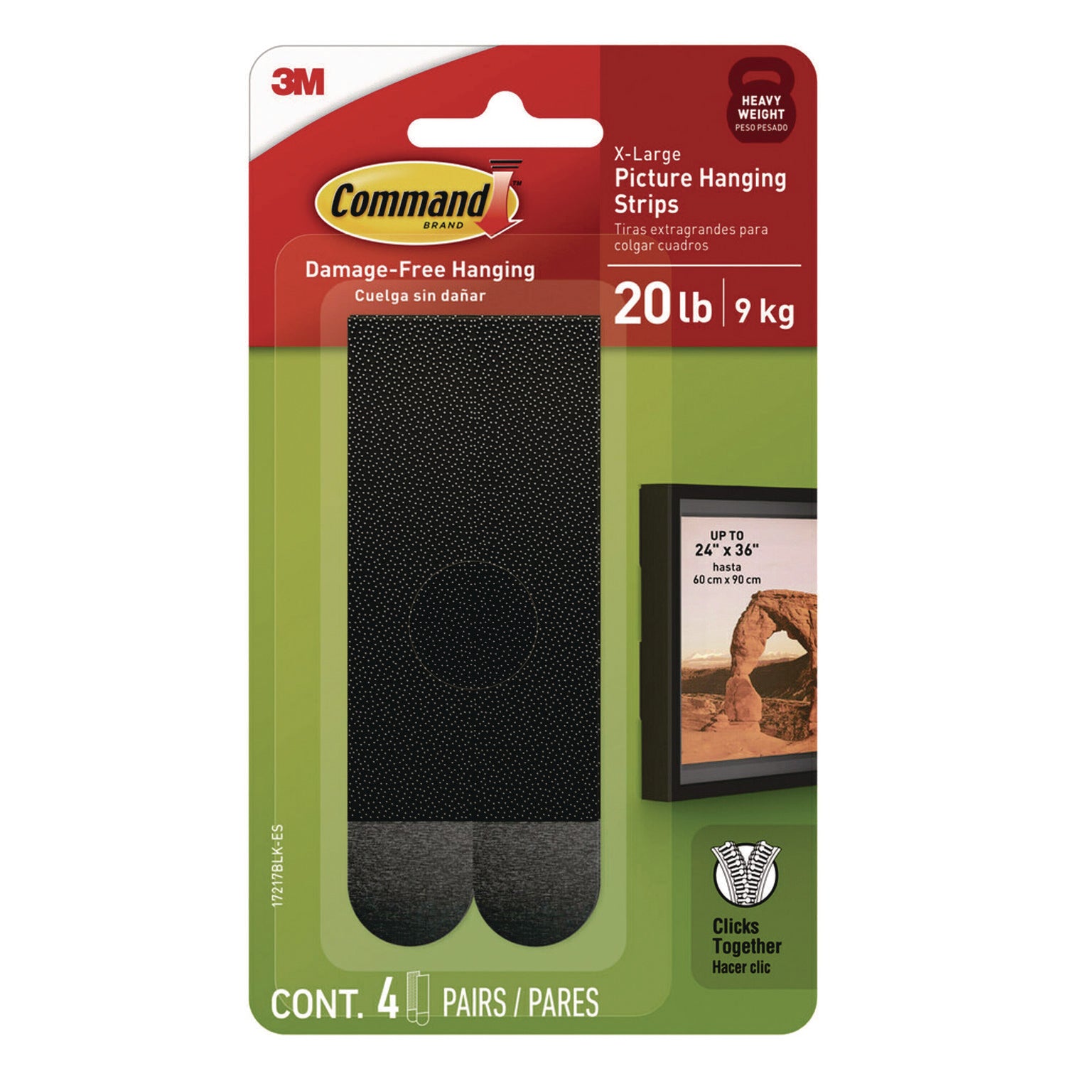 Command™ Picture Hanging Strips, X-Large, Removable, Holds up to 20 lbs per 4 Strips, Black, 4 Strip Pairs
