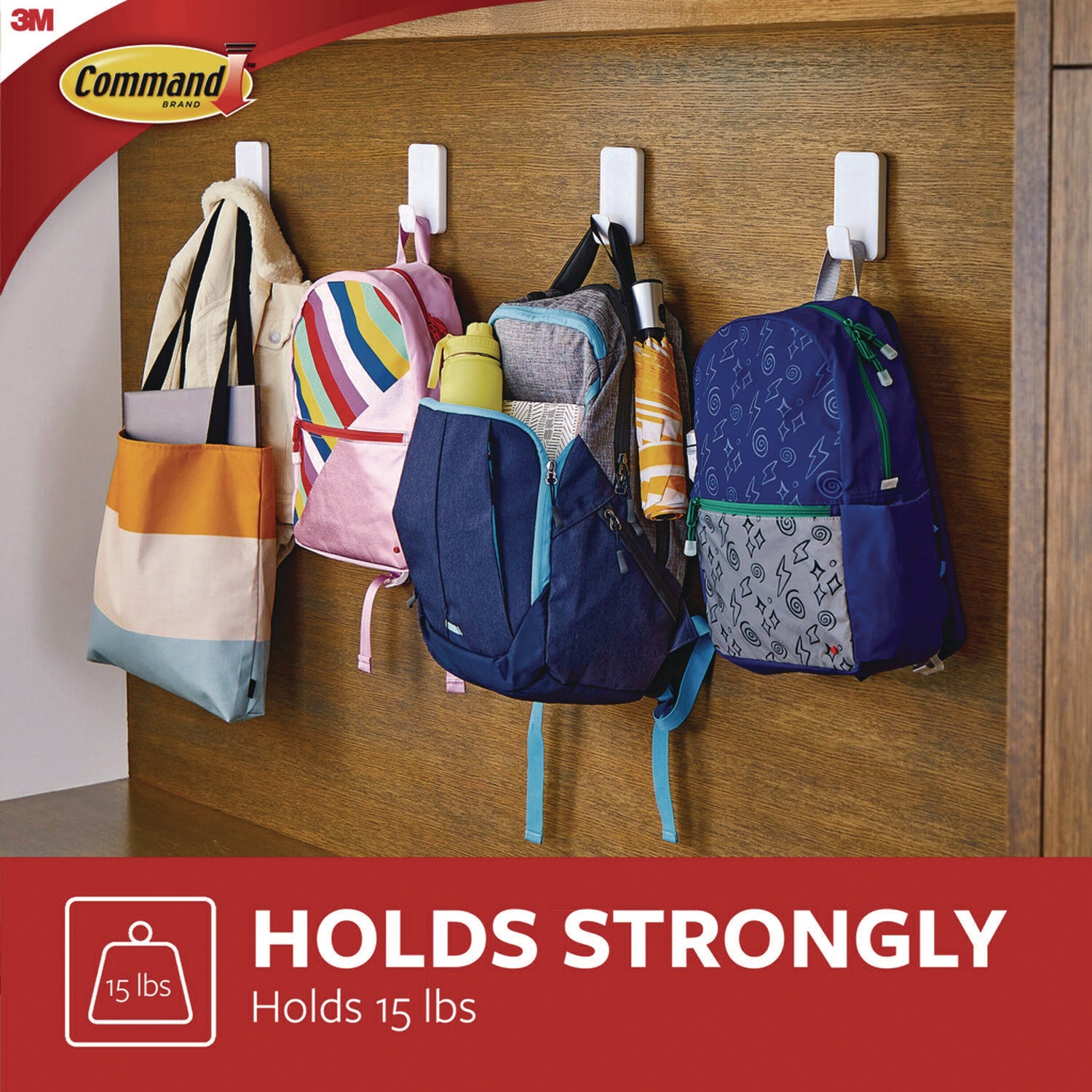 Command™ X-large Utility Hooks, Plastic, White, 15 lb Capacity, 2 Hooks and 8 Strips/Pack