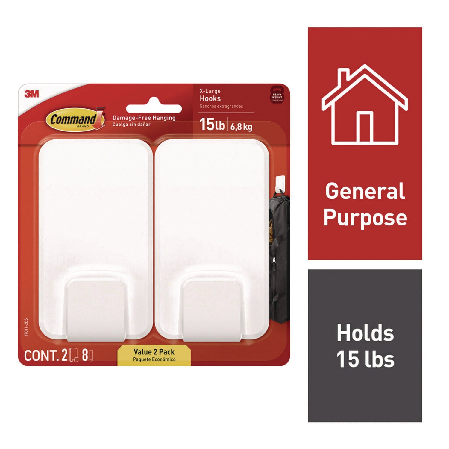 Command™ X-large Utility Hooks, Plastic, White, 15 lb Capacity, 2 Hooks and 8 Strips/Pack