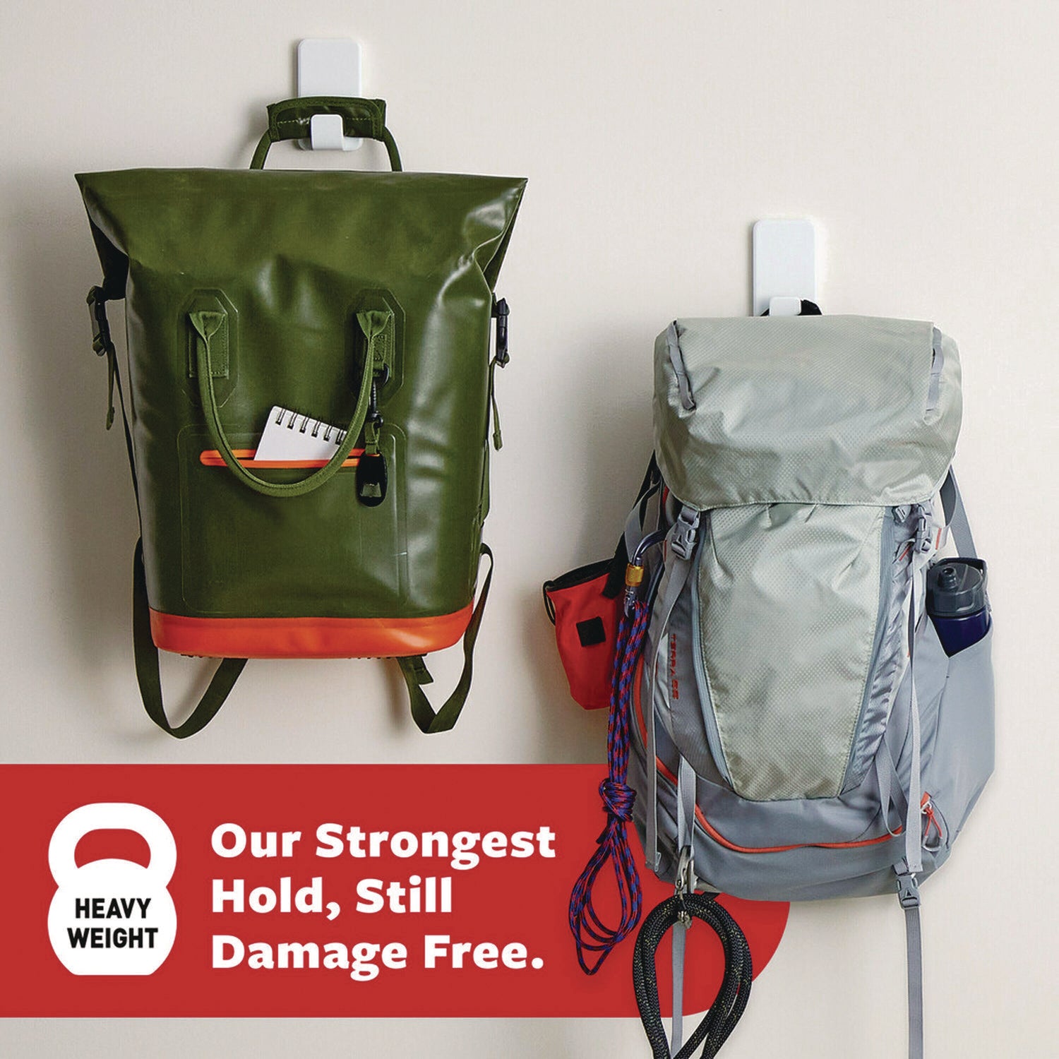 Command™ X-large Utility Hooks, Plastic, White, 15 lb Capacity, 2 Hooks and 8 Strips/Pack