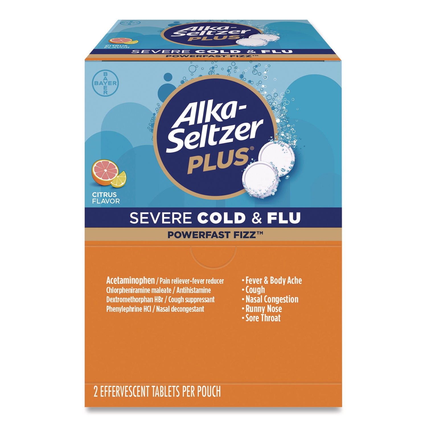 Alka-Seltzer® Plus PowerFast Fizz Sever Cold and Flu Effervescent Tablet, 2 Tablets/Pouch, 30 Pouches/Box