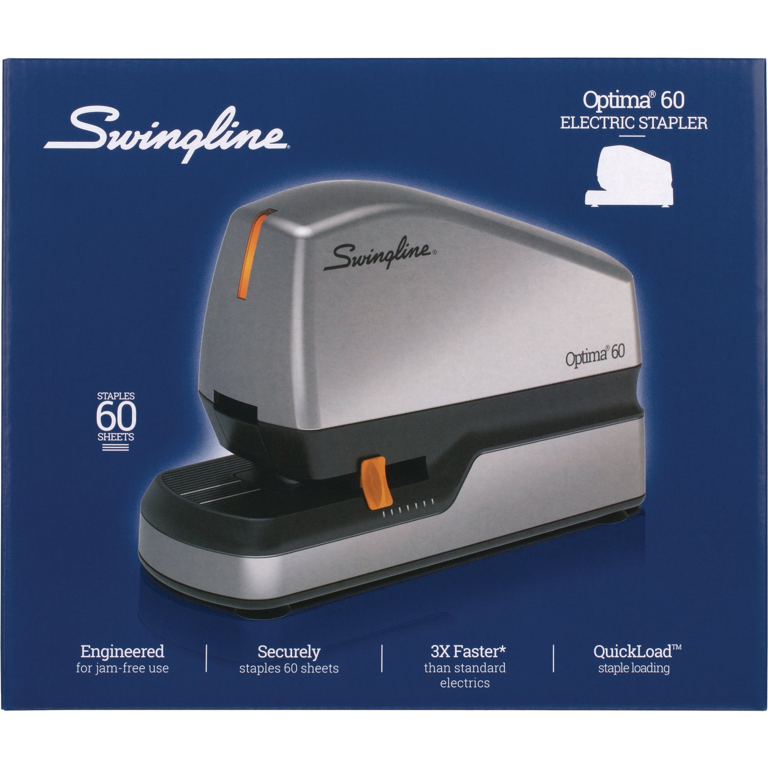 Swingline® Optima 60 Electric Stapler, 60-Sheet Capacity, Silver/Black/Orange
