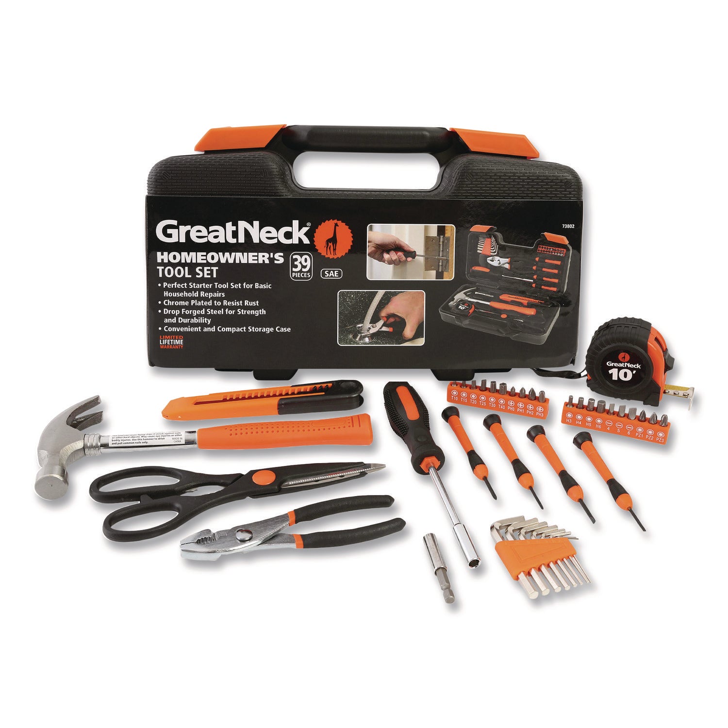 Great Neck® Homeowner's 39-Piece Tool Set, 12.38" x 3" x 7.25" Carry Case