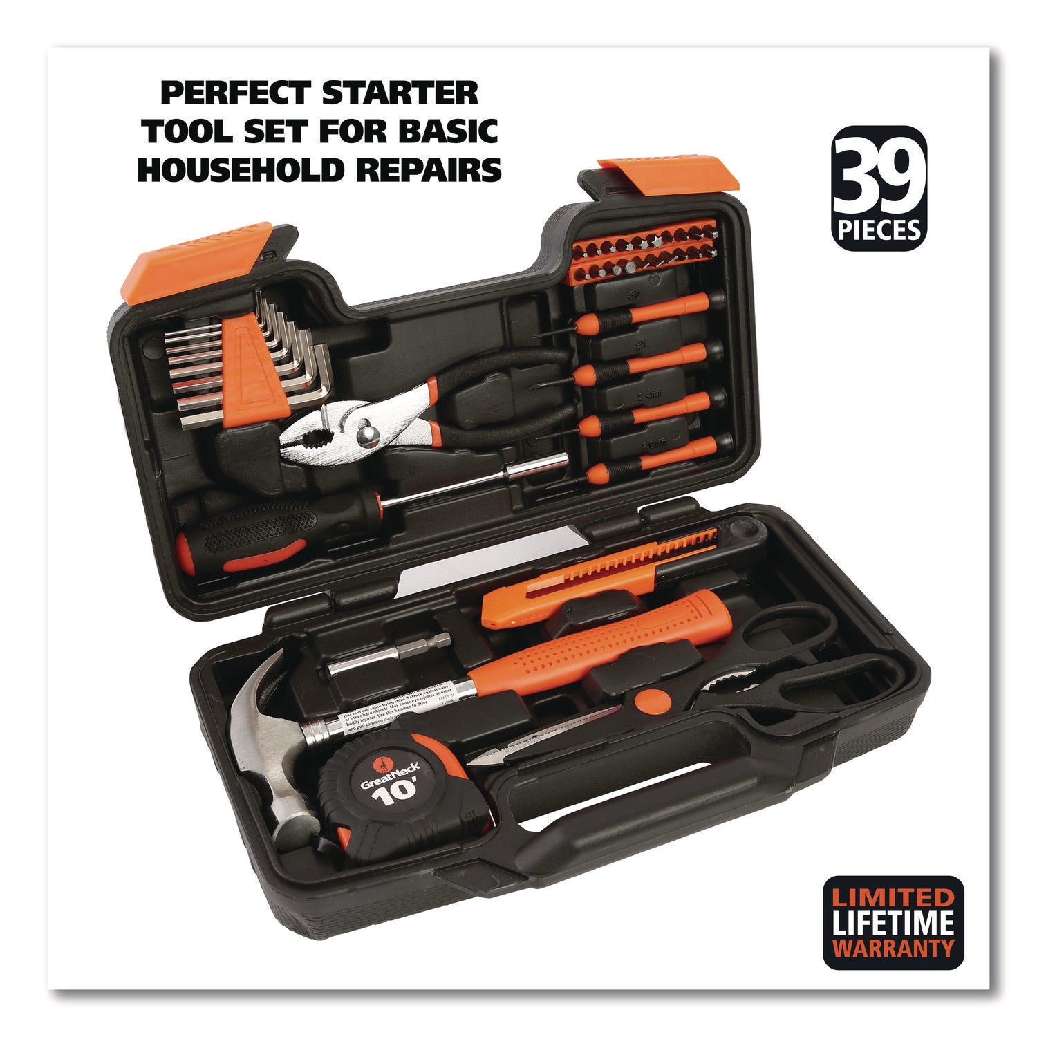 Great Neck® Homeowner's 39-Piece Tool Set, 12.38" x 3" x 7.25" Carry Case