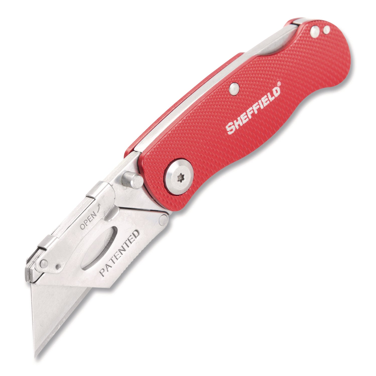 Sheffield Quick Change Lock Back Utility Knife, 1.25" Blade, 3.5" Aluminum Handle, Red