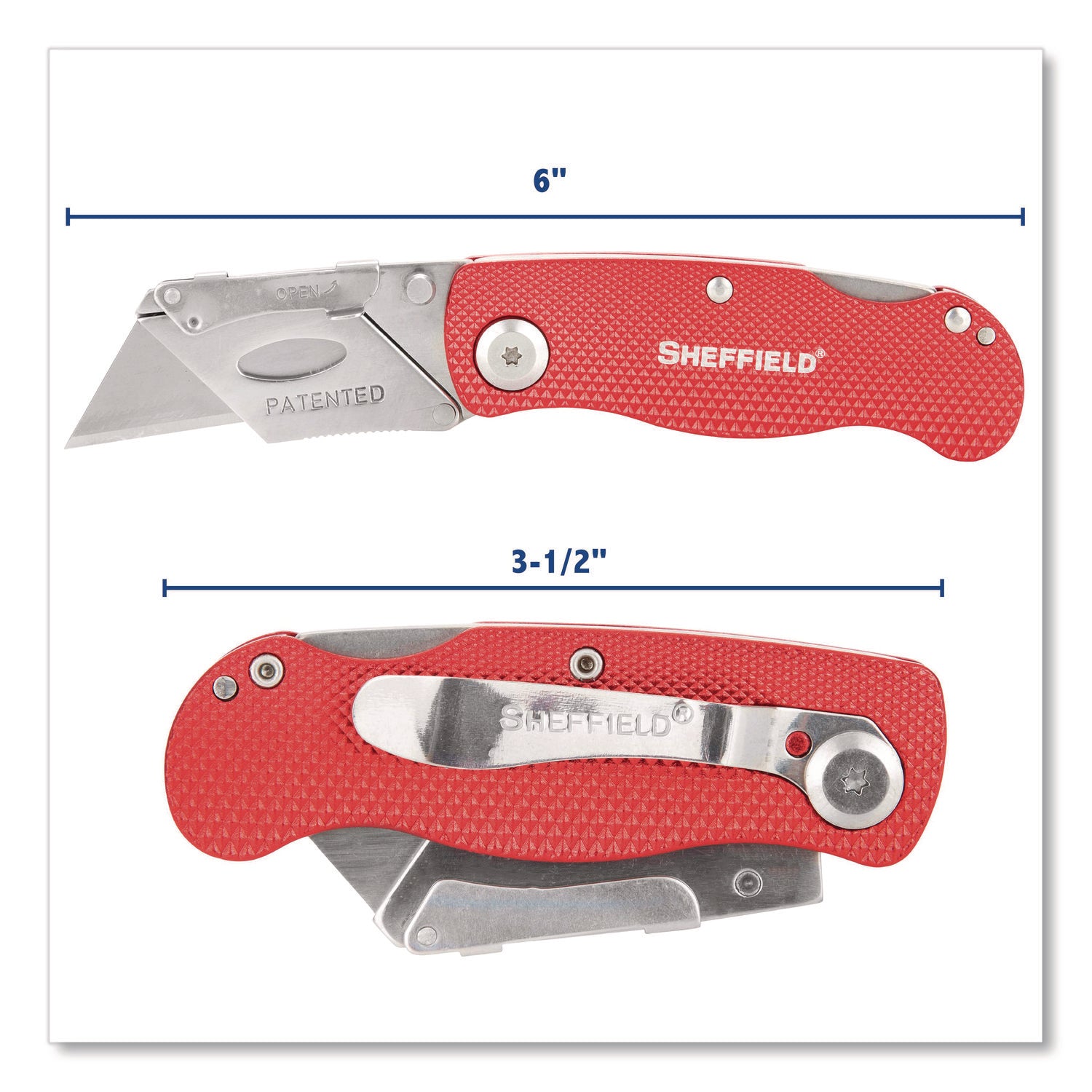 Sheffield Quick Change Lock Back Utility Knife, 1.25" Blade, 3.5" Aluminum Handle, Red