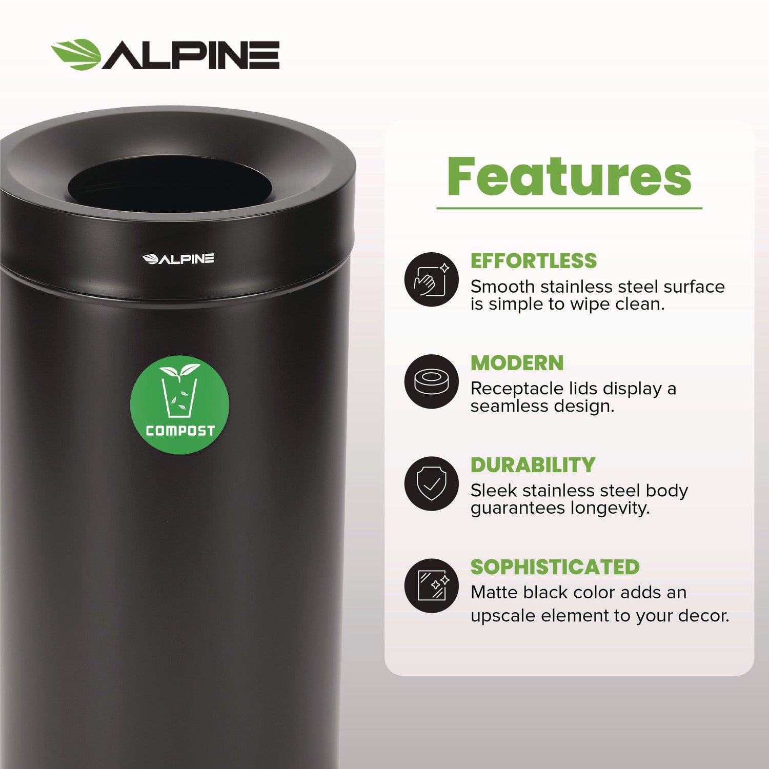 Alpine Industries 27 Gallon Black Stainless Steel Compost Bin and Trash Can