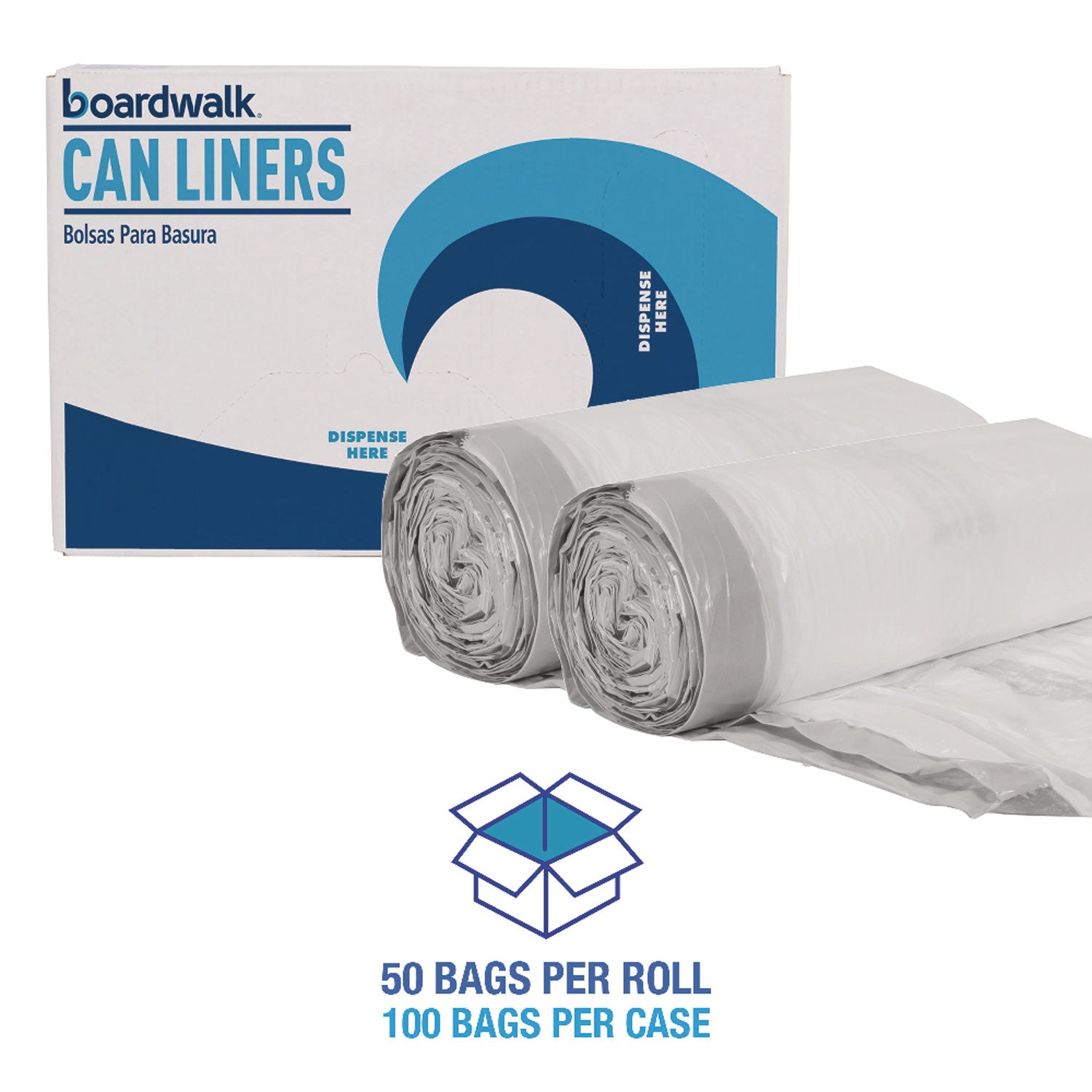 Boardwalk® Drawstring Kitchen Bags, Drawstring, 13 gal, 24" x 28", White, 50 Bags/Roll, 2 Rolls/Carton