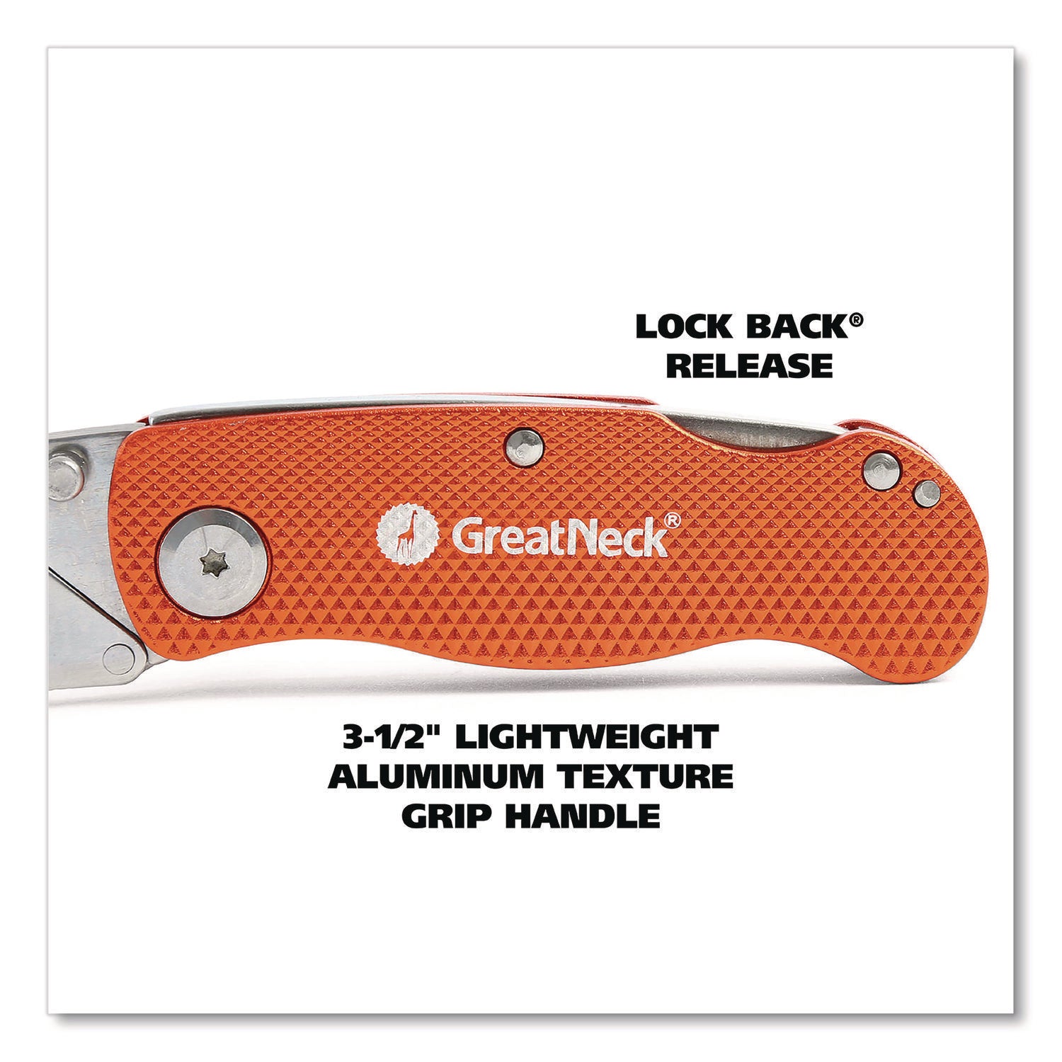 Great Neck® Quick Change Lock Back Utility Knife, 3.5" Aluminum Handle, Orange