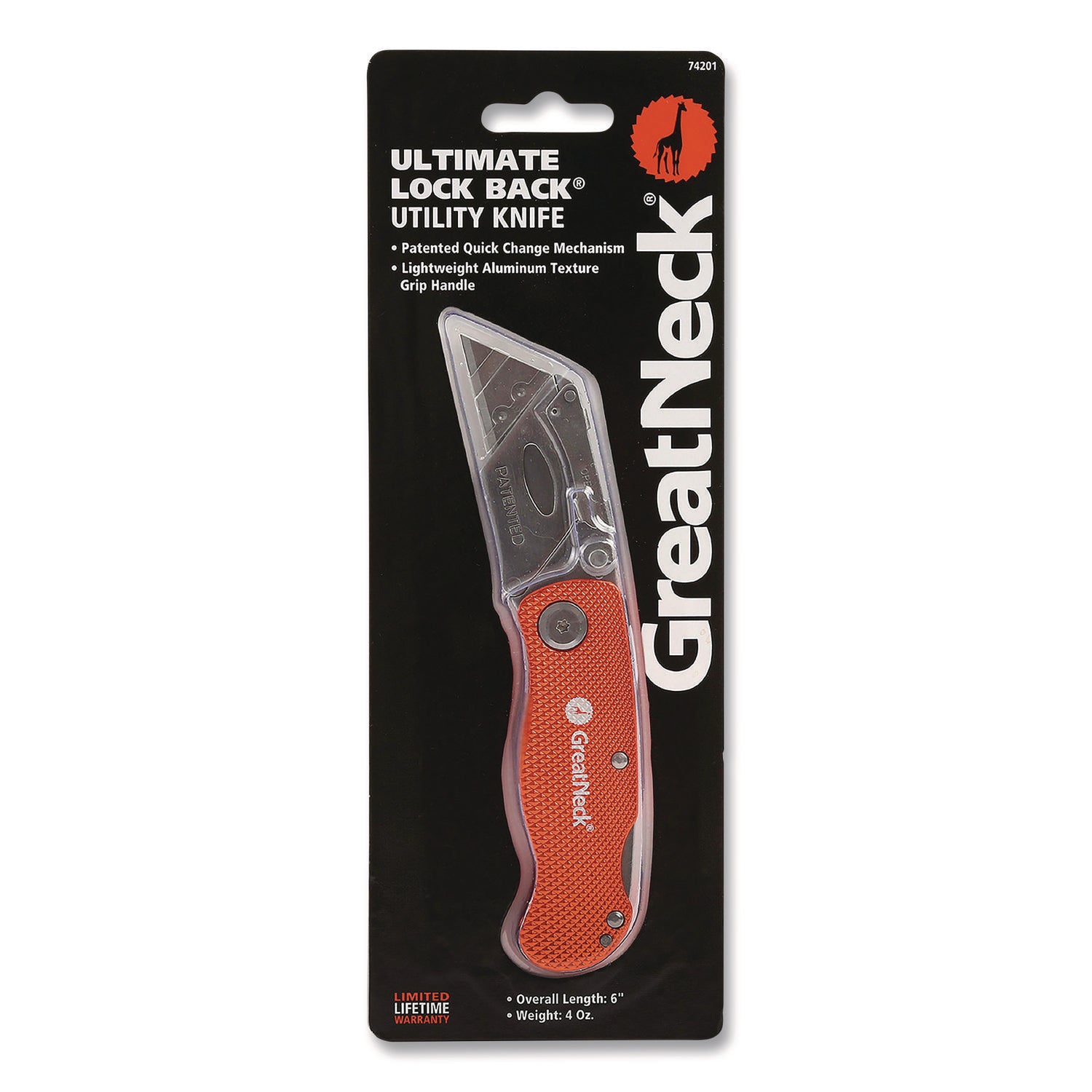 Great Neck® Quick Change Lock Back Utility Knife, 3.5" Aluminum Handle, Orange
