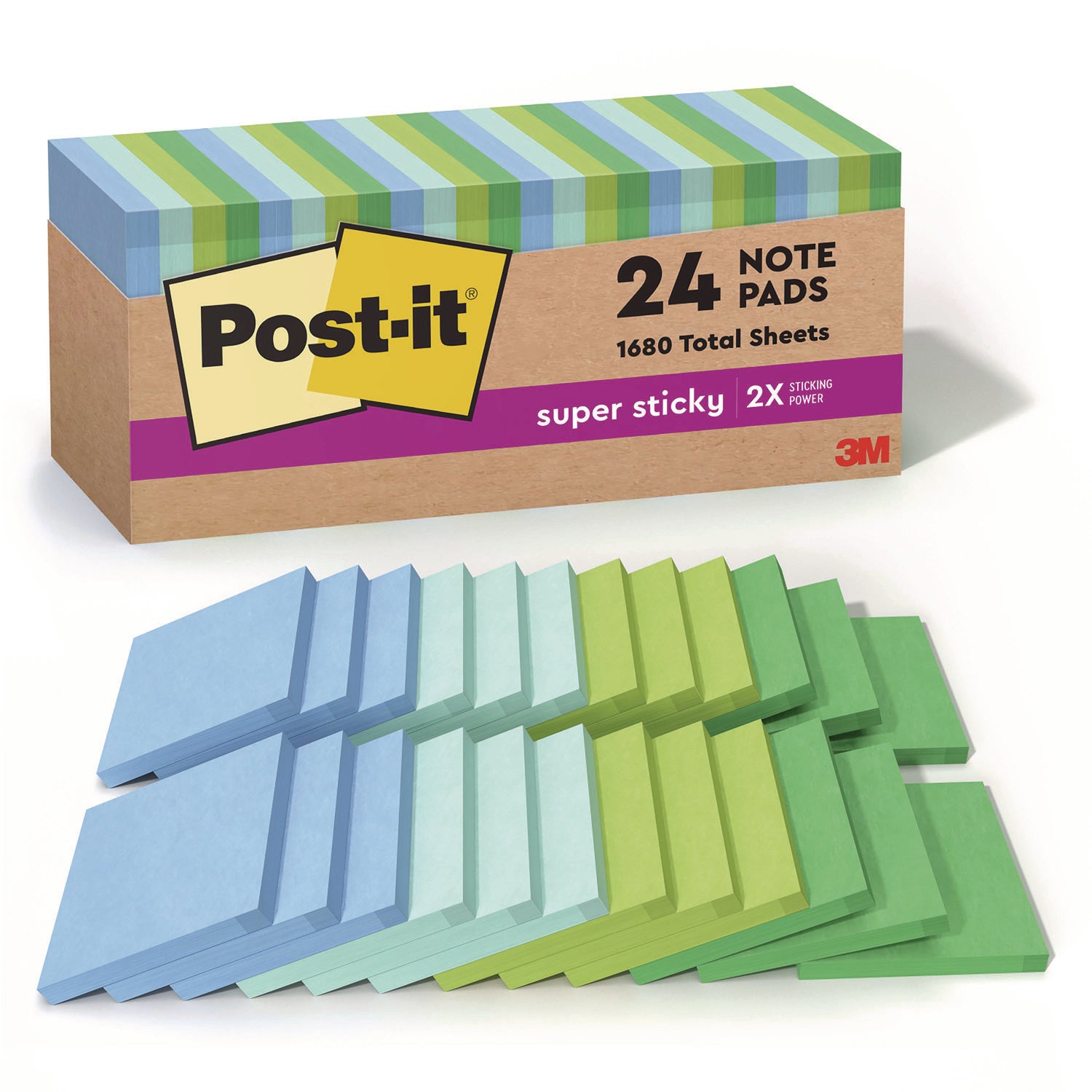100% Recycled Paper Super Sticky Notes, 3" x 3", Oasis, 70 Sheets/Pad, 24 Pads/Pack