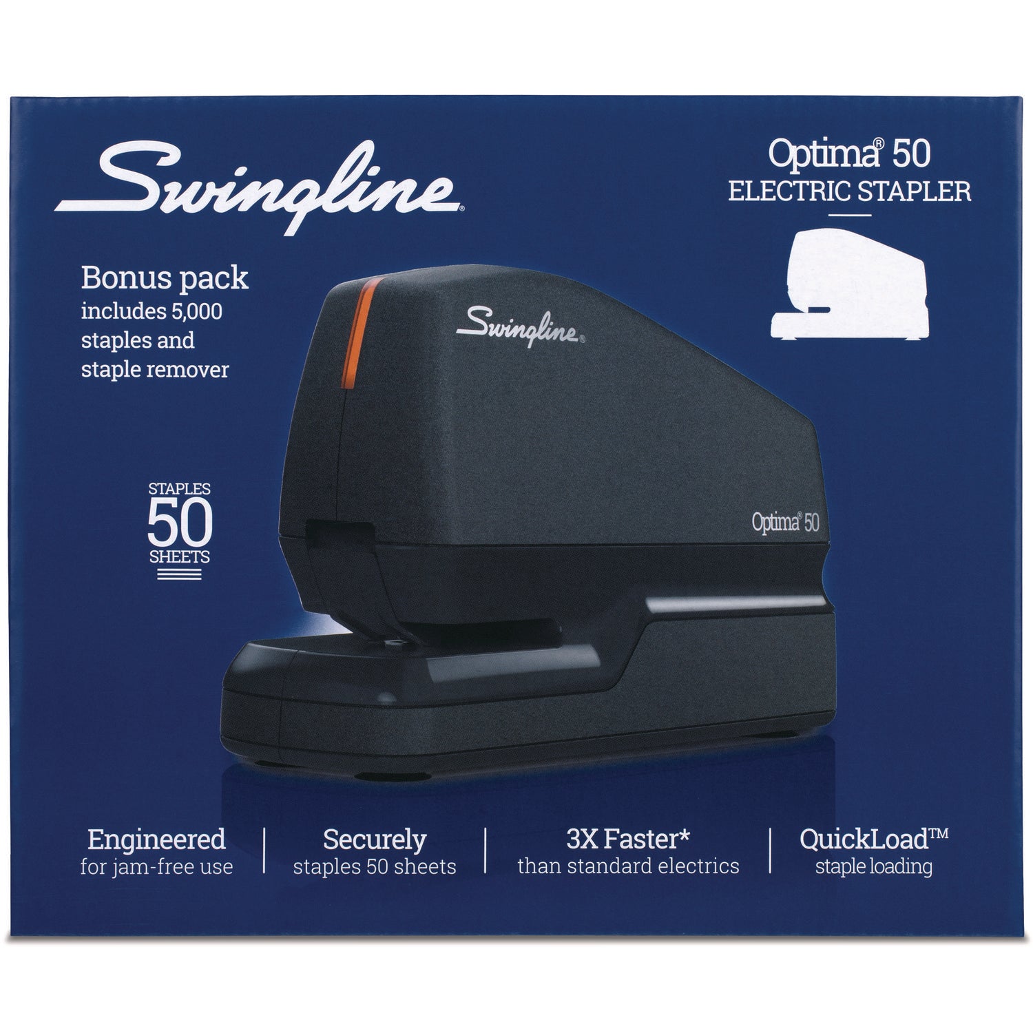 Swingline® Optima 50 Electric Stapler, 50-Sheet Capacity, Black/Orange