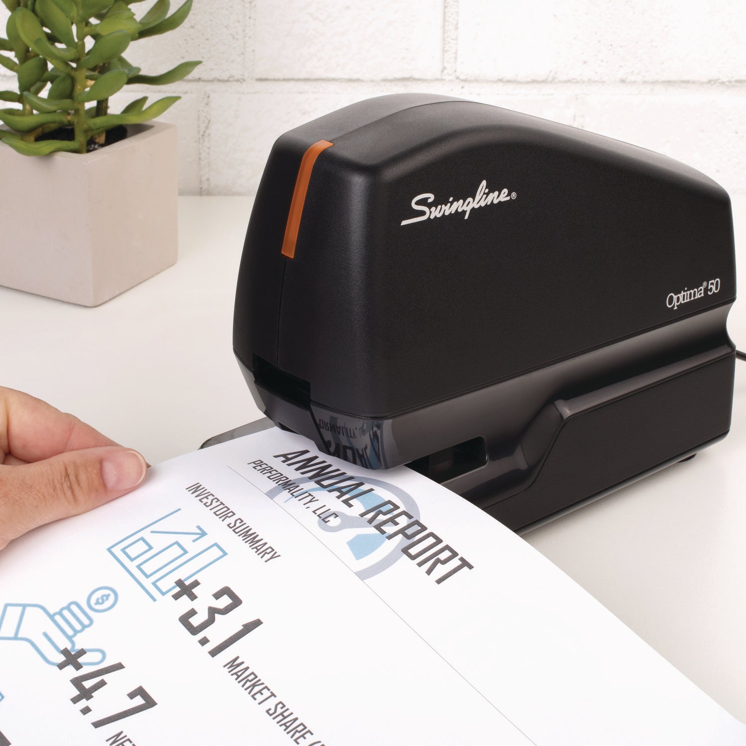 Swingline® Optima 50 Electric Stapler, 50-Sheet Capacity, Black/Orange